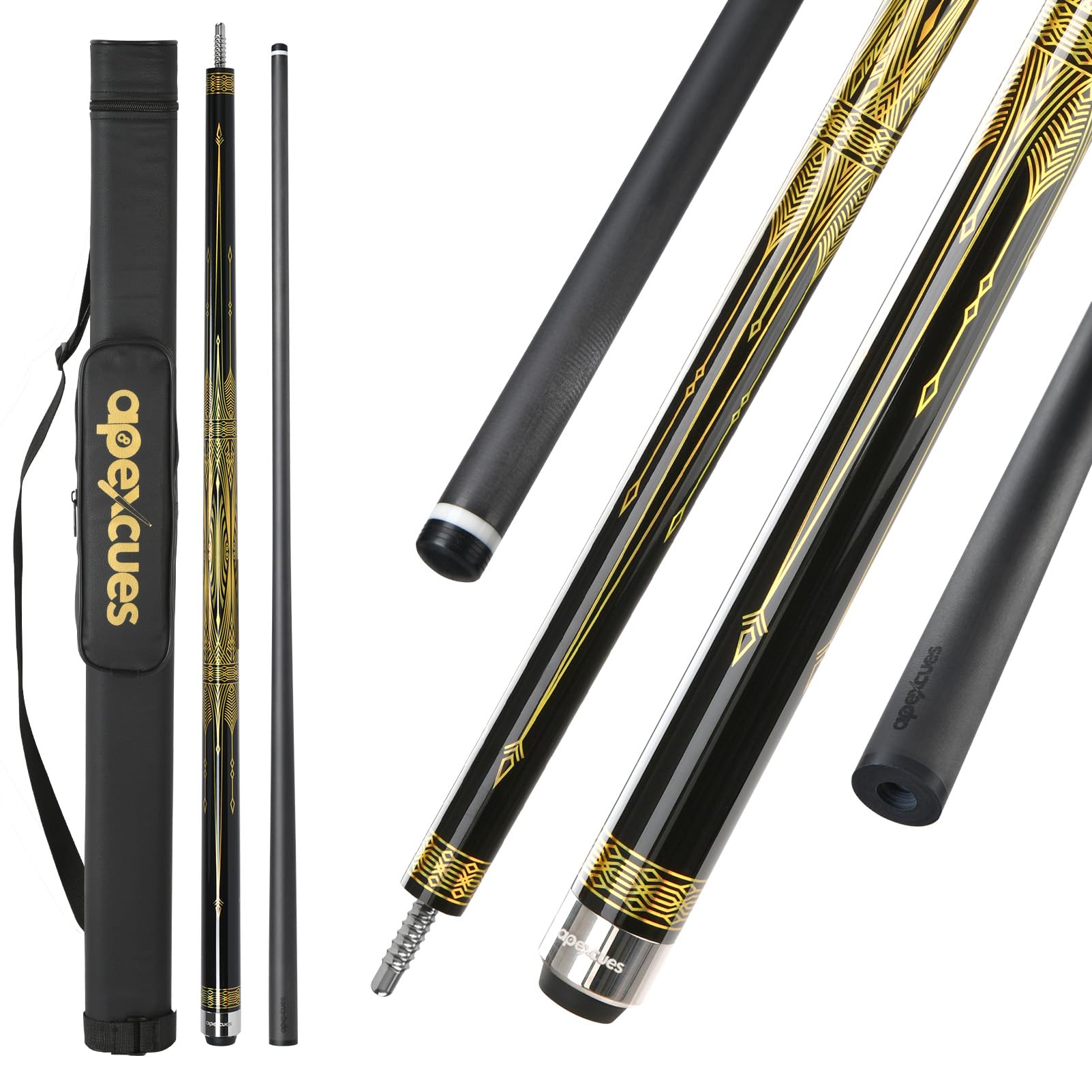 apexcues Carbon Fiber Pool Cue - 11.5mm Tip 58'' 19 20 21 oz Adjustable Weight System 3/8x8 Pin Billiard Cue Stick Low-Deflection Billiard Shaft, Golden Totem Pattern