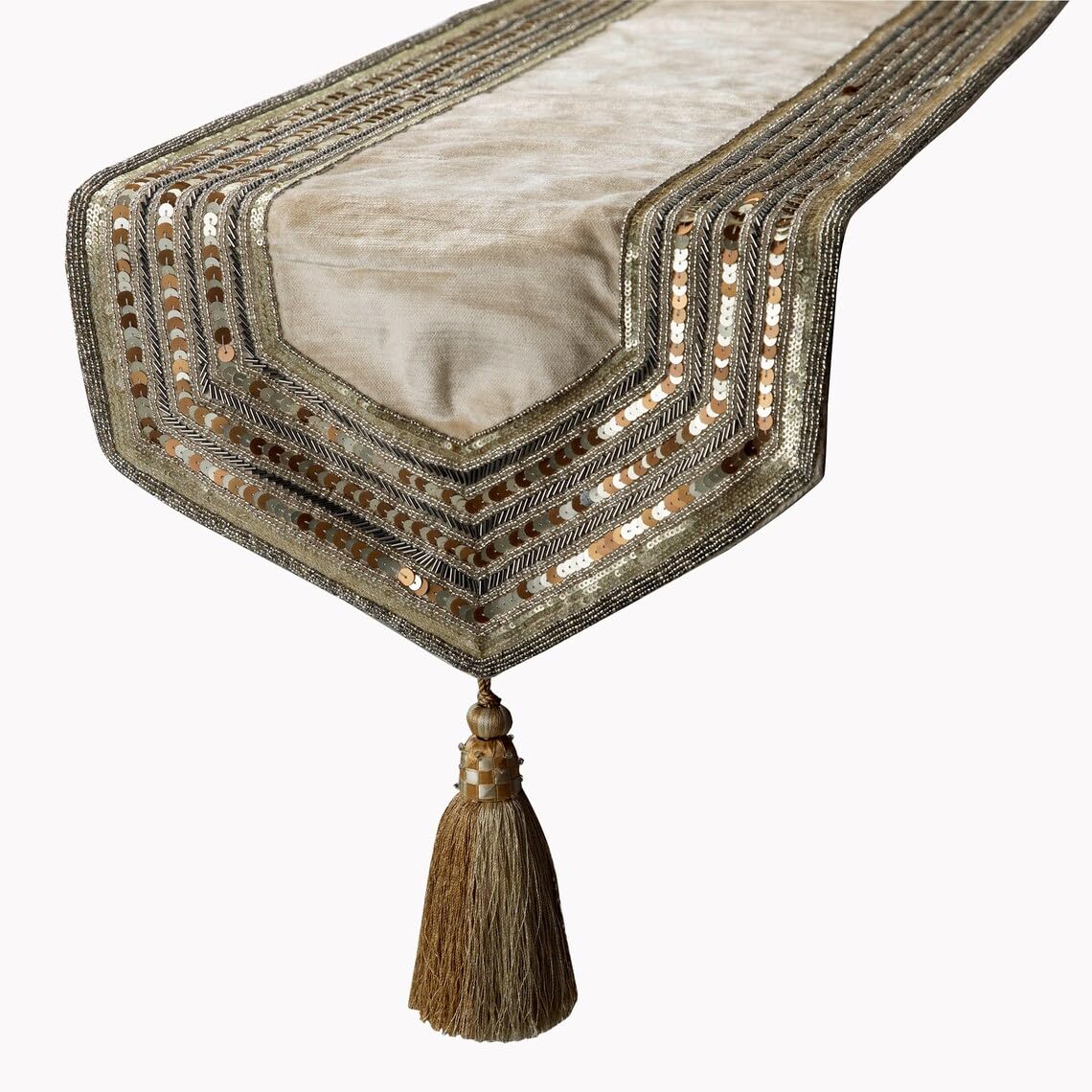 Terciopelo Mesa Decorativa Runner, Tela de Lujo con Bordado de Cuentas y borlas Crema & Beige, 40 x 225 cm Disenador Moderno Hecho a Mano Mesa Corredor - Elegance