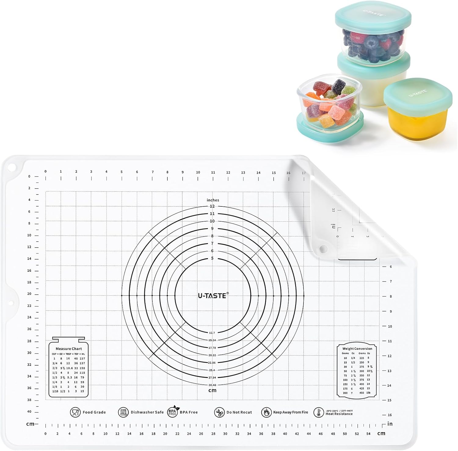 U-Taste 28"x20" Large Food-Grade Liquid Silicone Pastry Mat (Transparent) and 3oz 6oz Small Storage Containers Food Grade Liquid-Silicone Freezer Box Set of 4 (Aqua Sky)