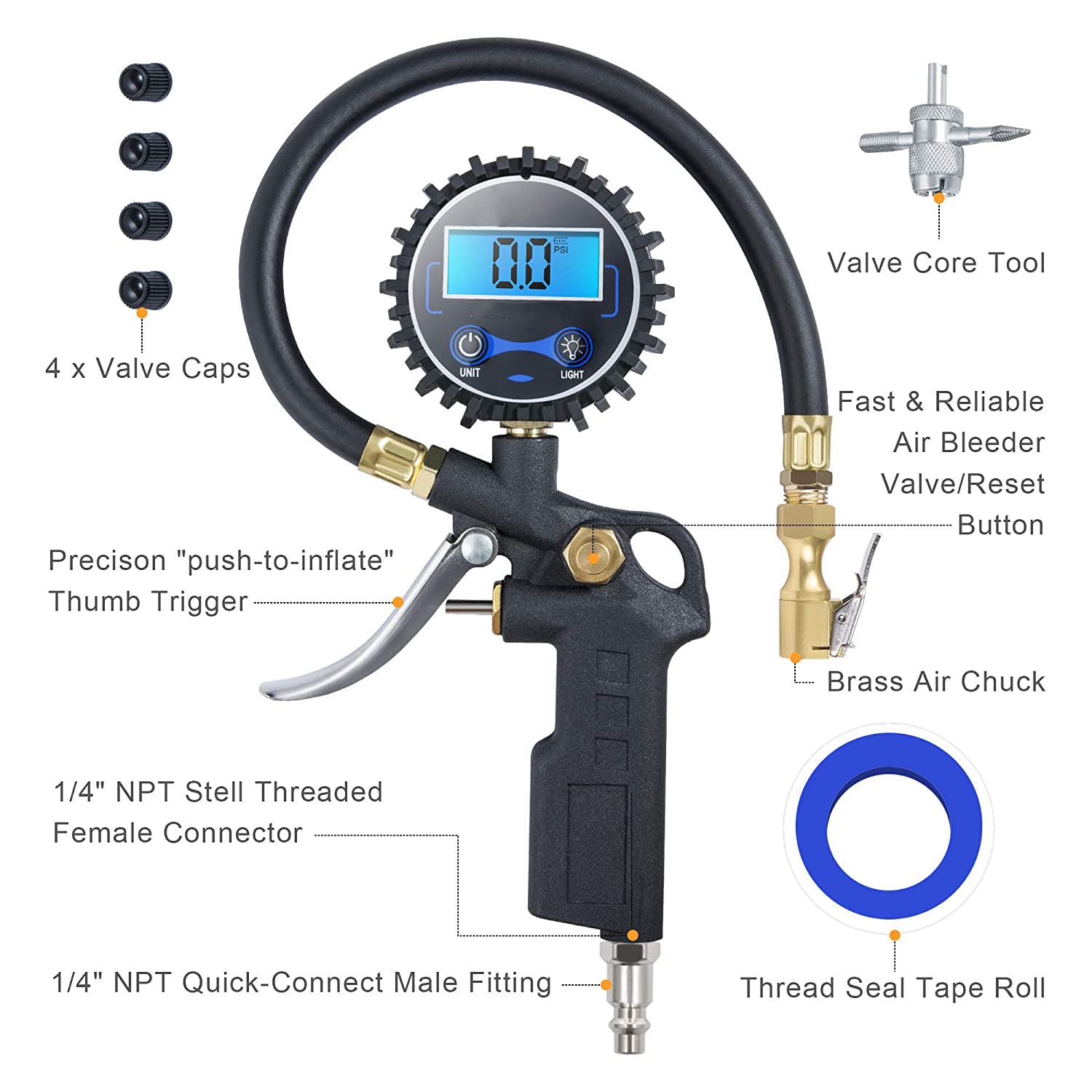 ZHICHEN Digital Tire Inflator with Pressure Gauge，200 PSI Heavy Duty Air Compressor Accessories 11pcs Set w/Lock on Air Chuck, Rubber Hose and Quick Connect Coupler, Gift for Men