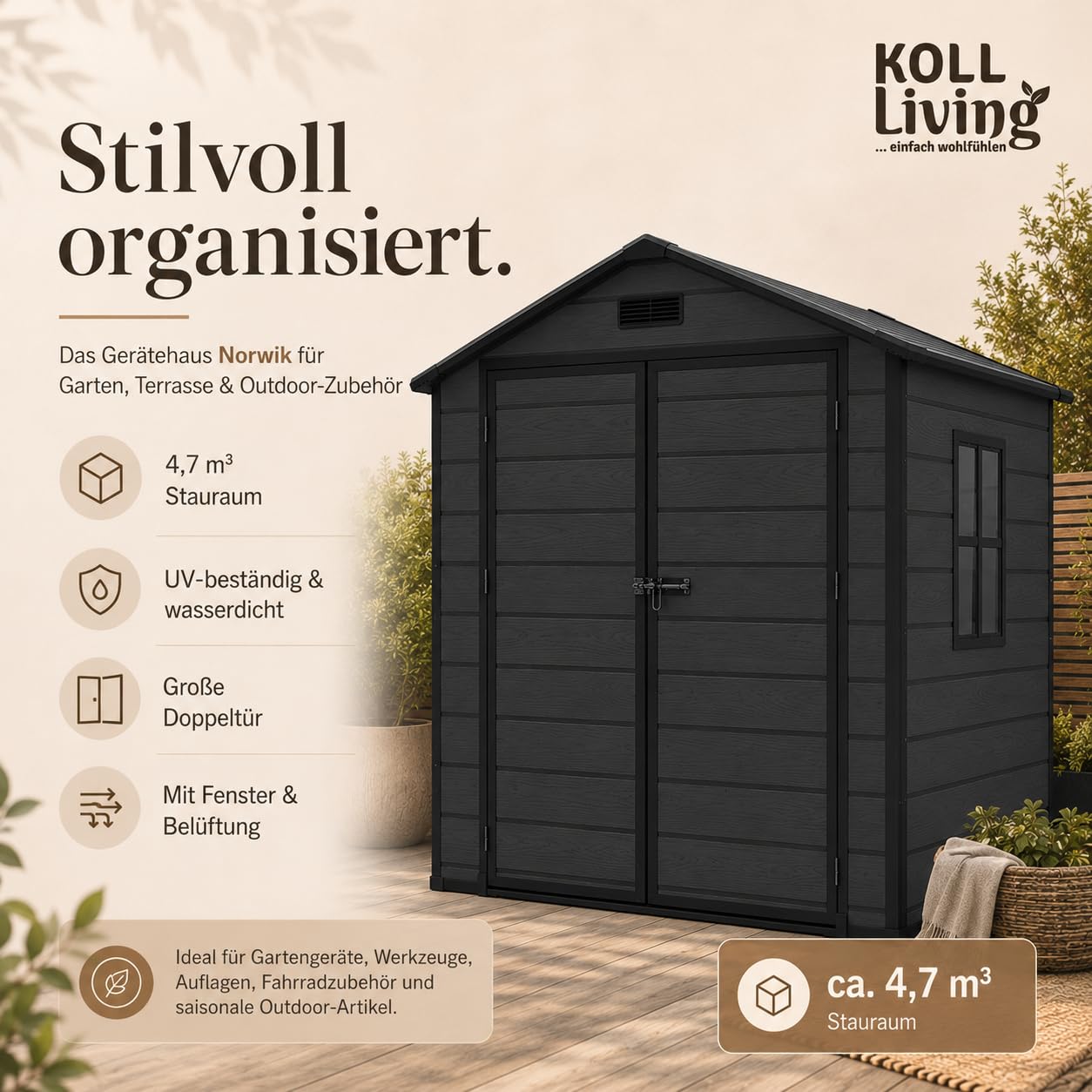 Koll Living Gartenhaus Norvik | 181 x 135 x 210 cm, 2 m² Grundfläche | Schwarz | mit Doppeltür, Fenster und Belüftungsystem | abschließbar | UV- & witterungesbeständig