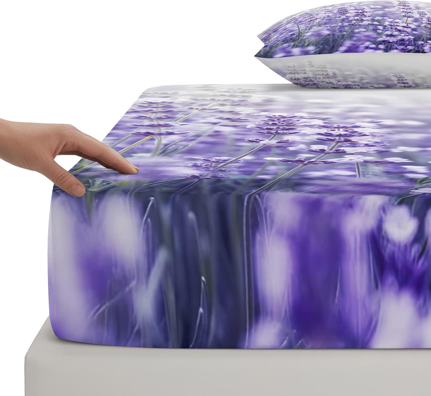 Bettlaken Lavendel Spannbettlaken 180x200cm Lila Blüten für Boxspringbett Weiche Mikrofaser Spannbetttuch 3D Spannbetttücher mit 2 Kissenbezug für Kinder Erwachsene XCW4627