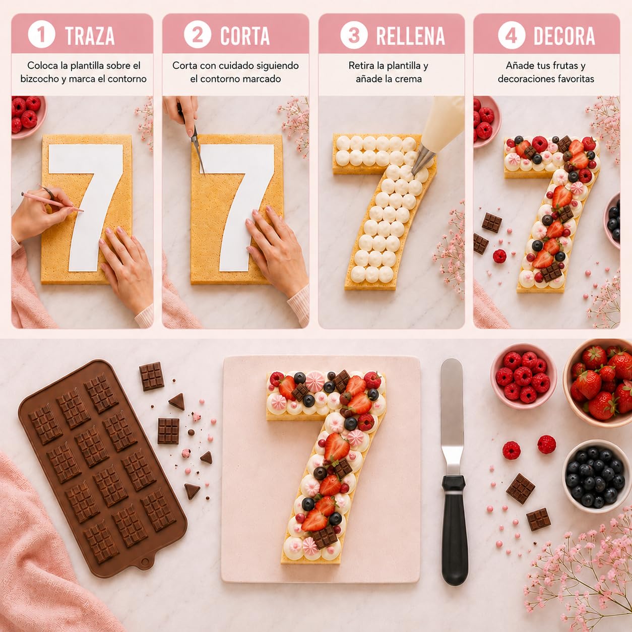 Kit Completo Number Cake 10 Pulgadas – Tarta Número para 6 a 8 Porciones | Plantillas de Números 0-9 + Boquillas + Mangas Pasteleras + Espátula + Molde de Chocolate de Regalo