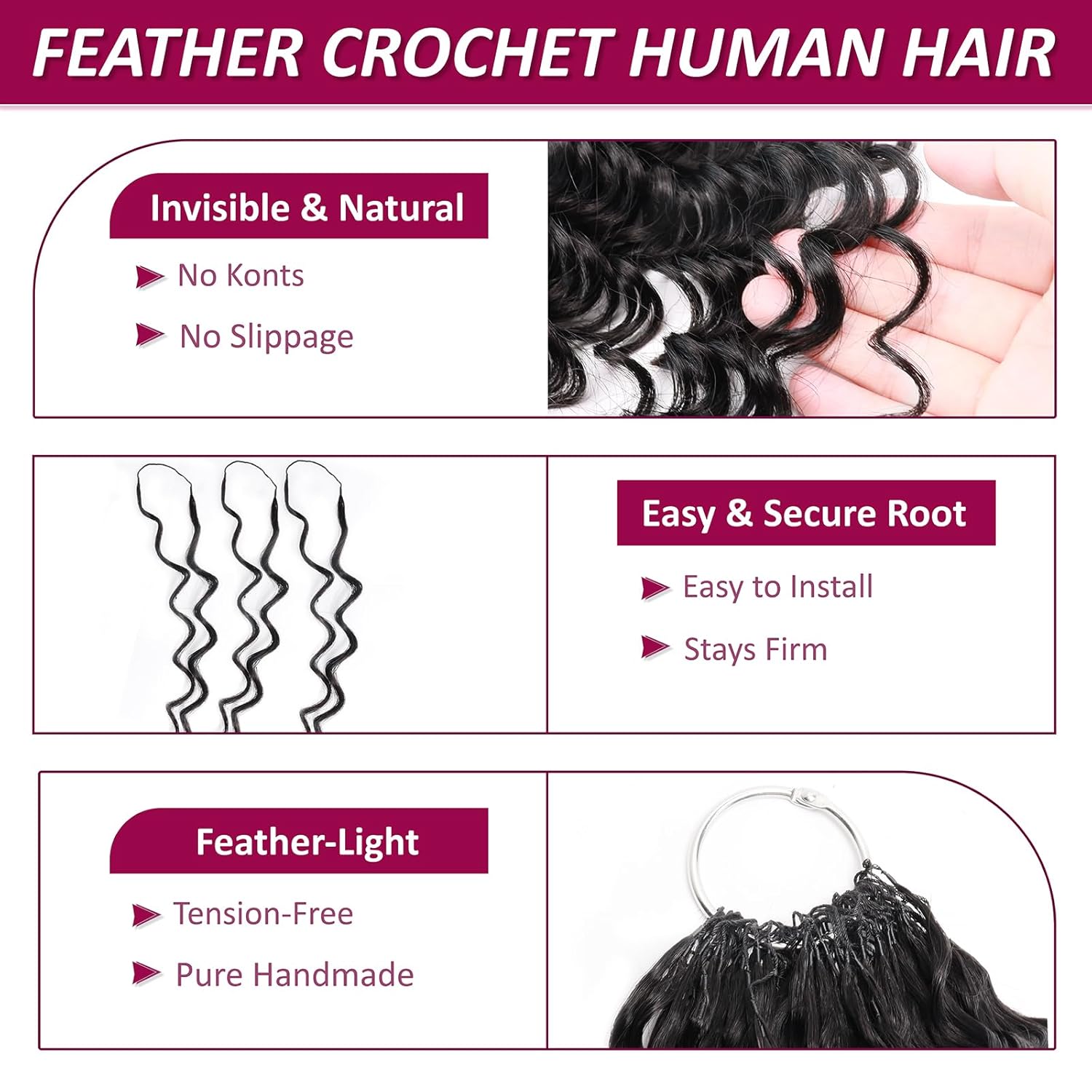 Human Crochet Hair for Black Women Deep Wave Curly Human Hair Miracle Knots Crochet Bundles 14 Inch 50g Pre-Separated Feather Crochet Human Hair Invisible Crochet Hair Extensions Kit, Natural Black