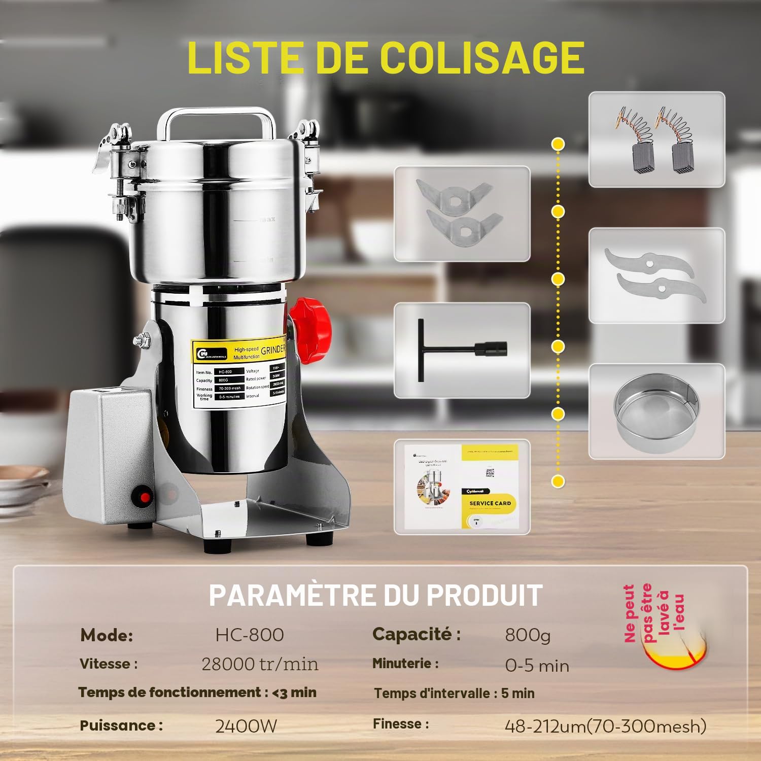 CGOLDENWALL LED Affichage Moulin à Épices Électrique 800g Broyeur à Sèches Grains Herbe Céréales Café, Haute Vitesse 28000RPM/ 2400W Moteur avec Minuterie, Contre Surcharges(Swing Type)