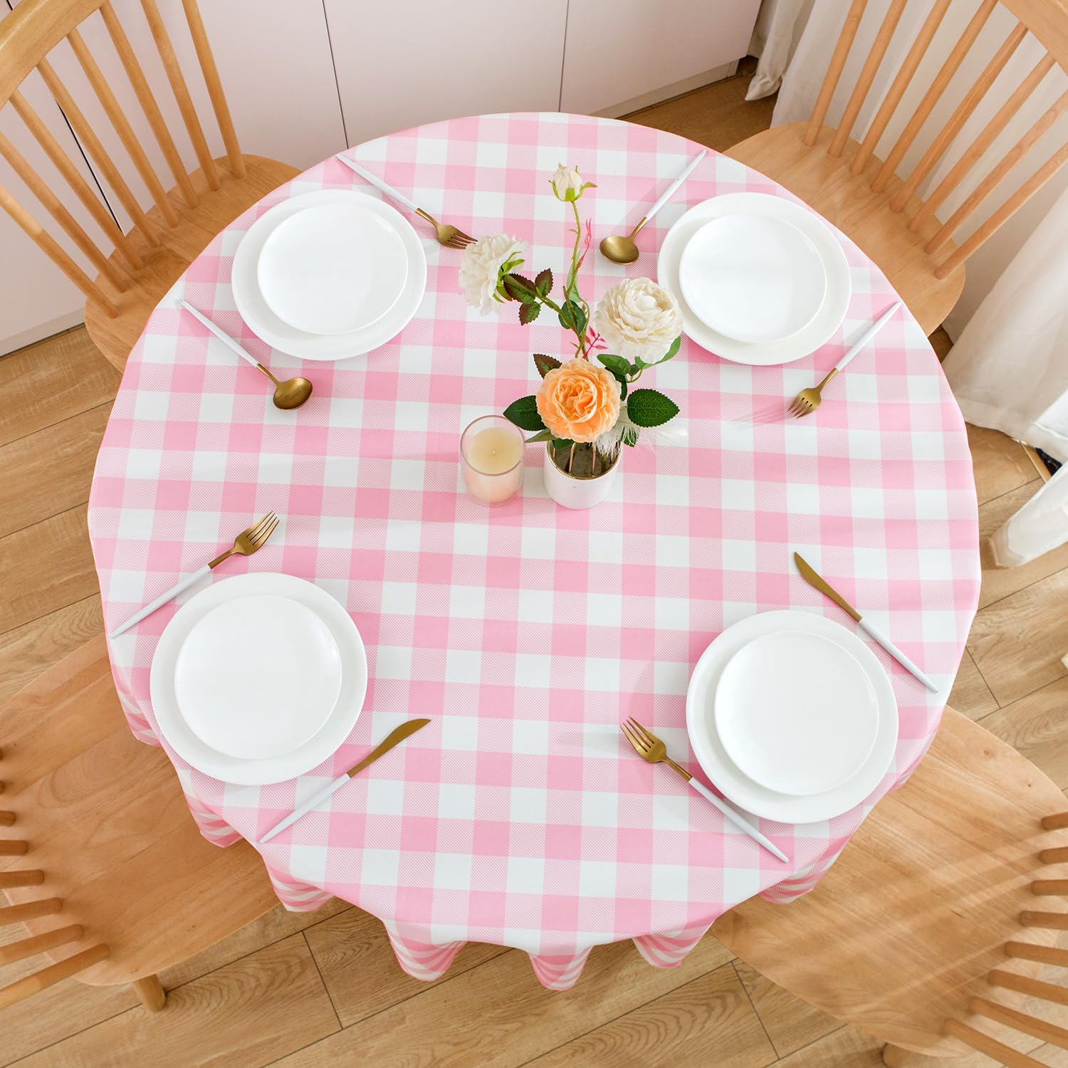 MANGATA CASA Baby Pink Gingham Round Tablecloth-2Pcs Checkered Table Cloth Waterproof Kitchen & Table Linens-Polyester Buffalo Plaid Wrinkle Free Table Cover(Baby Pink 60" Round-2Pack)