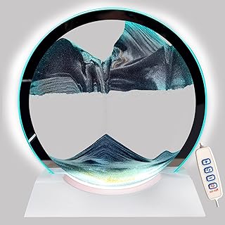 Akaco Sand Art Liquid Motion with Light White Wood Base Moving Sand Art Round Glass Flow Sand Painting 3 Color Changing Deep Sea Sandscape Table Lamp for Desk Toys Home Decor Creative Gift(Black)