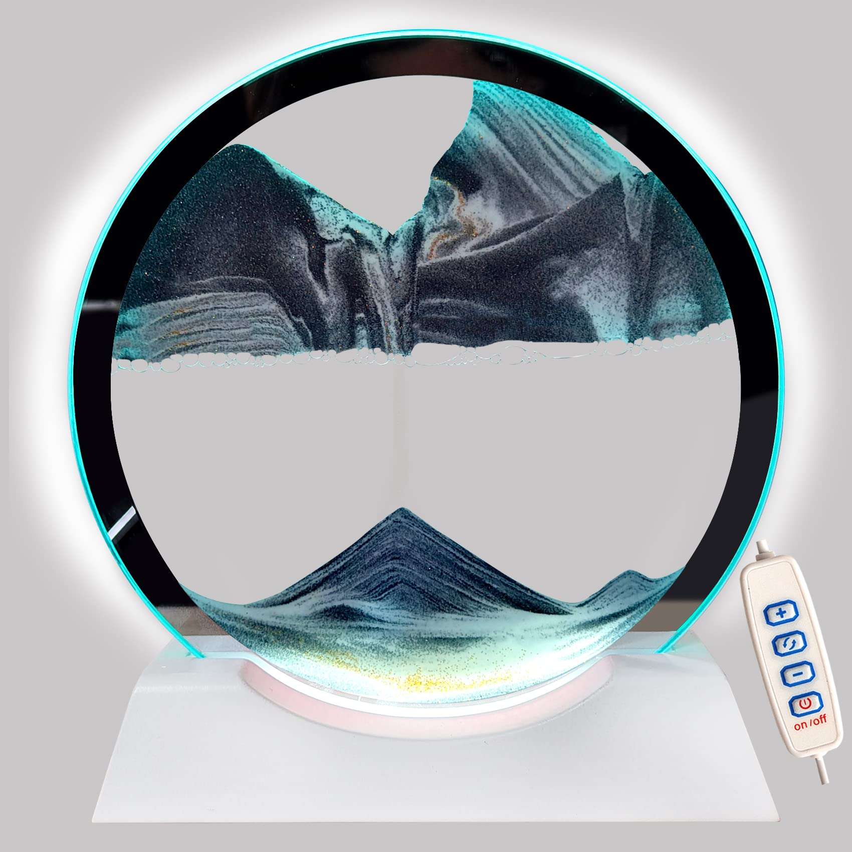 Akaco Sand Art Liquid Motion with Light White Wood Base Moving Sand Art Round Glass Flow Sand Painting 3 Color Changing Deep Sea Sandscape Table Lamp for Desk Toys Home Decor Creative Gift(Black)