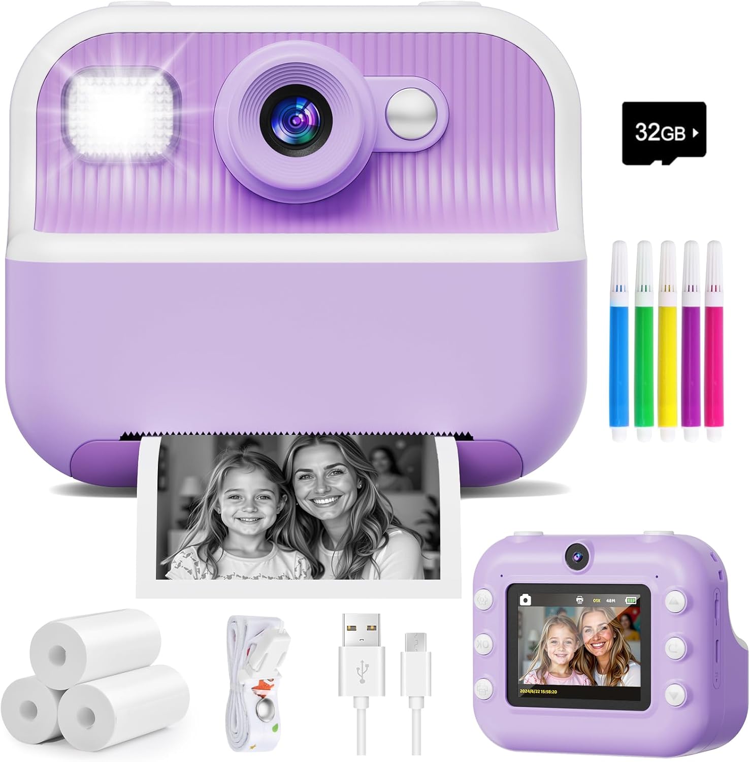 Instant Camera, Front Rear Dual Selfie Kids Camera with 1080P Videos, Holiday Birthday Gifts for Kids Age 3-12, Toddler Portable Travel Print Digital Camera Toy for 4 5 6 7 8 9 Year Boys Girls
