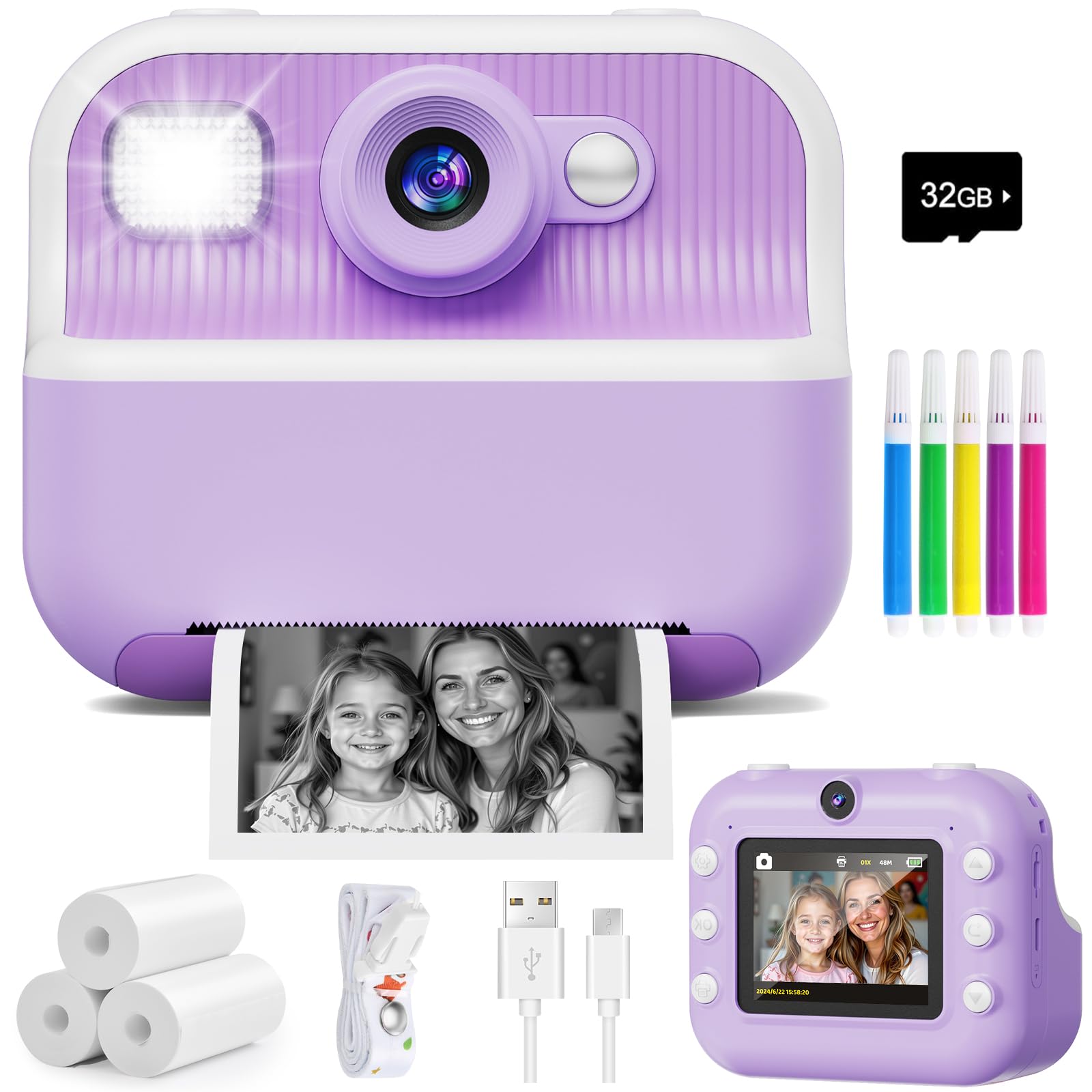 Instant Camera, Front Rear Dual Selfie Kids Camera with 1080P Videos, Holiday Birthday Gifts for Kids Age 3-12, Toddler Portable Travel Print Digital Camera Toy for 4 5 6 7 8 9 Year Boys Girls-image-35