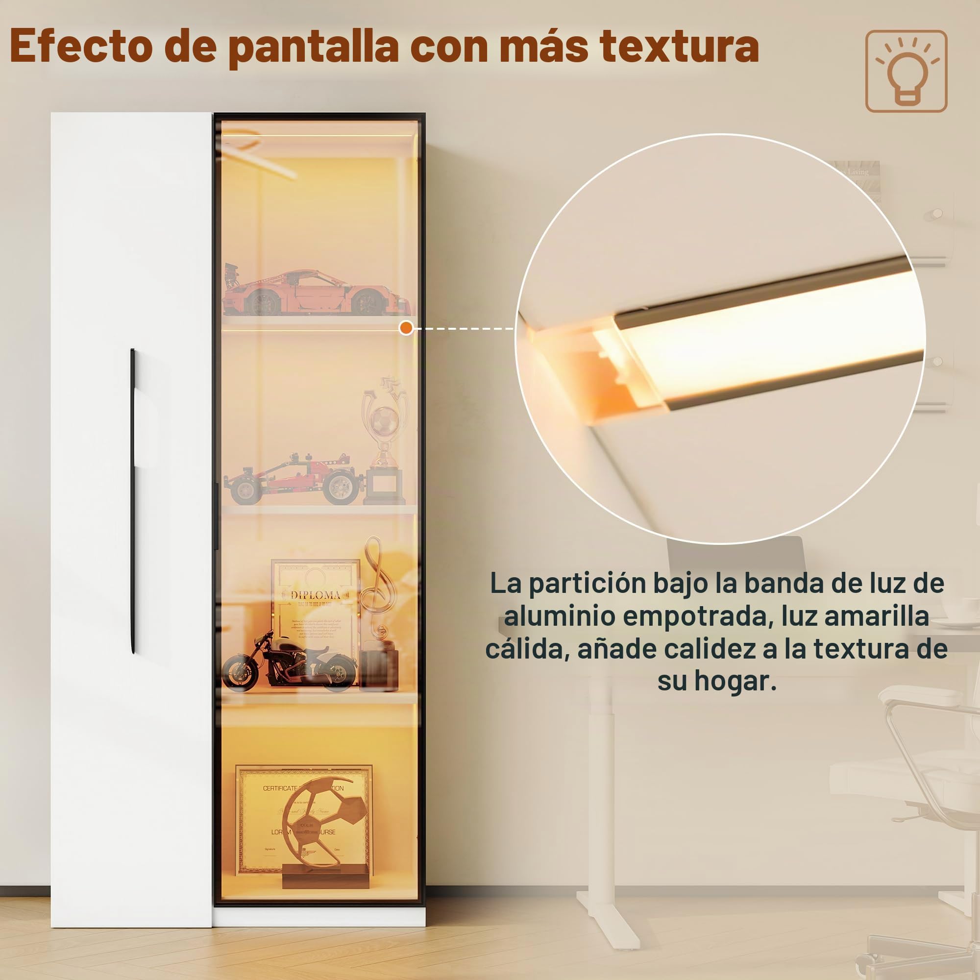 Soweiz Estantería y vitrina multifunción de 160 cm de alto con puertas de cristal templado, marco de puerta de aluminio, 1 puerta, 1 cajón lateral, con ruedas e iluminación LED