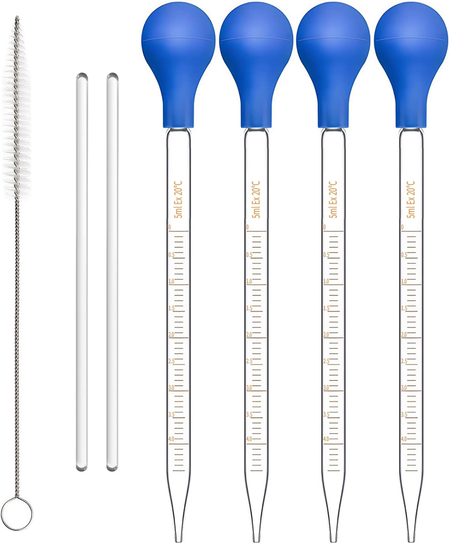 King Mariot Medical Equipments 1 Set | Glass 5 ML Graduated Droppers Lab Pipettes Dropper | Big Rubber Hats | 20cm Glass Stir Rod and Washing Brush Transfer | Liquid Essential Oil