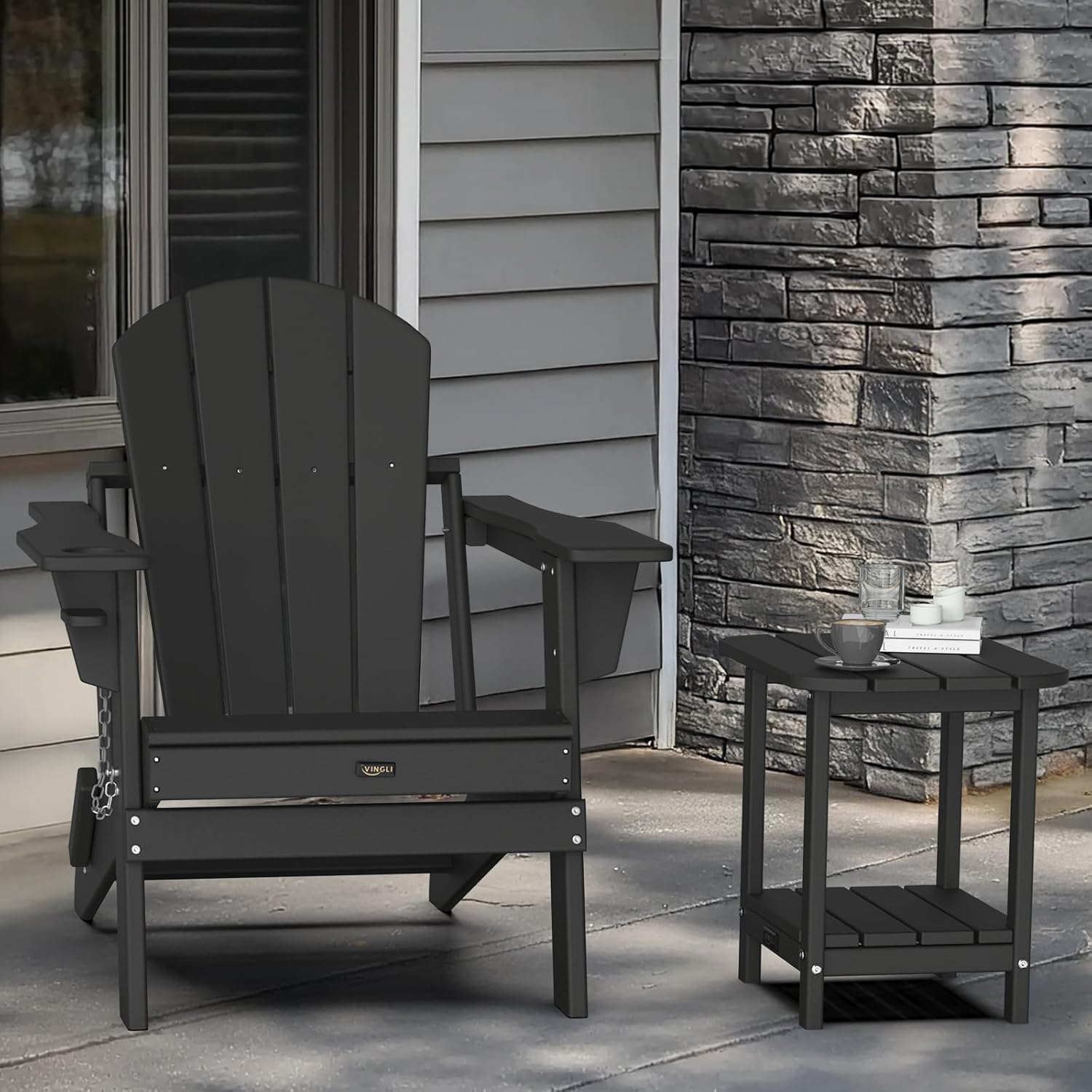 VINGLI Outdoor Side Table, 2-Tier HDPE Adirondack Side Table with Storage, Weather-Resistant Patio End Table for Backyard, Pool, Deck, Indoor Use (Black)