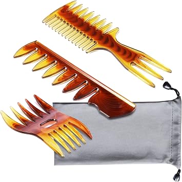Tumosando Mens Comb, Coarse Comb, Set of 3, Amber, Waterproof Pouch, Styling Comb, Anti-Static