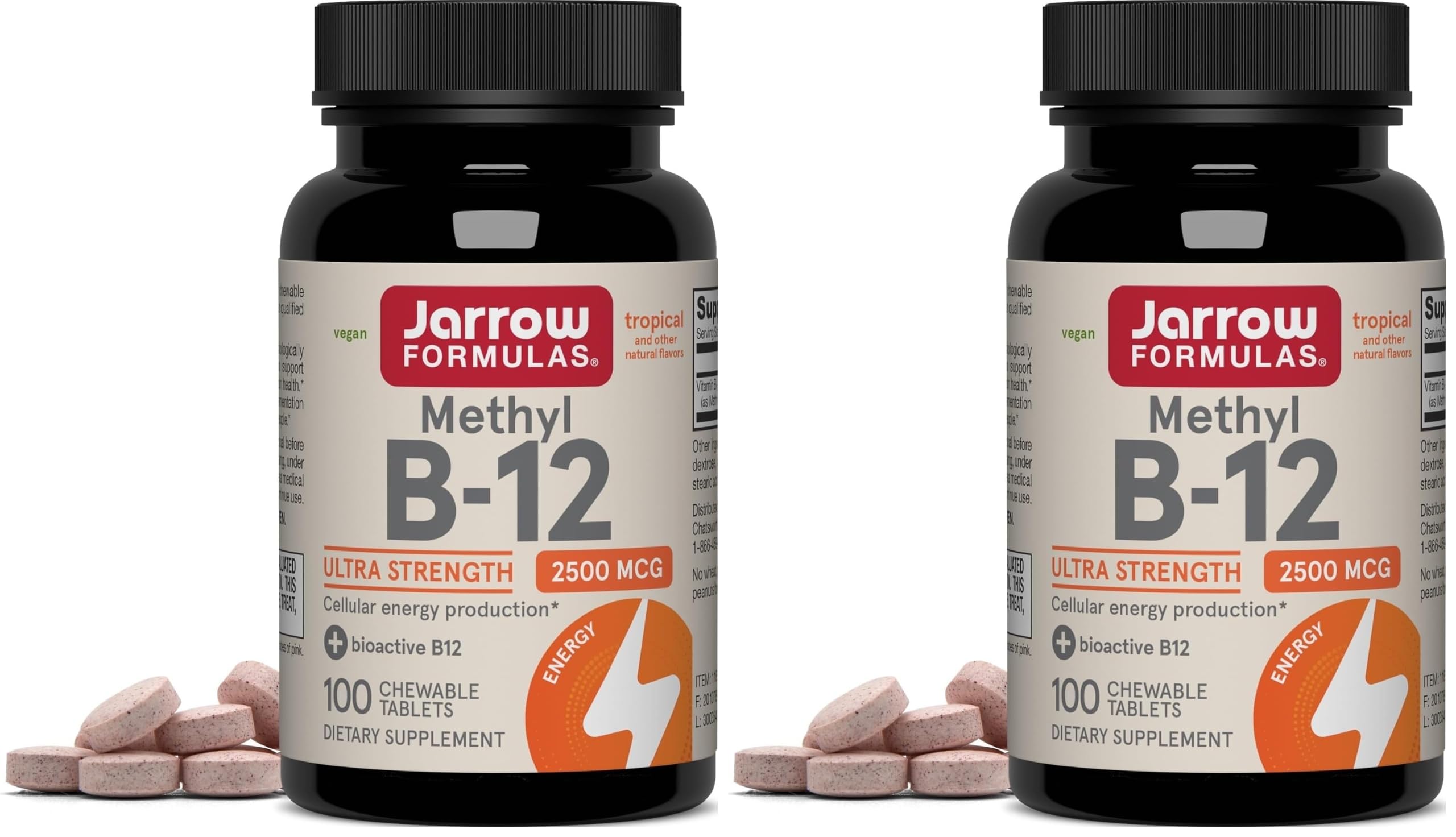 Jarrow Formulas Methyl Vitamin B12 2500 mcg, 100 Chewable Tablets, Tropical Flavored- Bioactive B12 Vitamin - Supports Cellular Energy Production, Brain Health & Metabolism - 100 Servings (Pack of 2) 100 Count (Pack of 2)