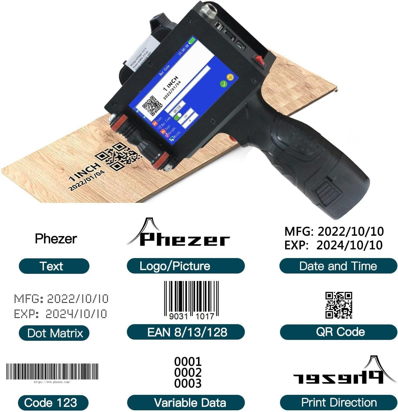 Phezer P16-1 Handheld Inkjet Printer, 1 Inch/25.4mm Date Printer with 72ml Solvent Ink Cartridge, Portable Intelligent Coding Machine for Expiry Date/Time/Barcode/QR Code/Logo (Metal Case)