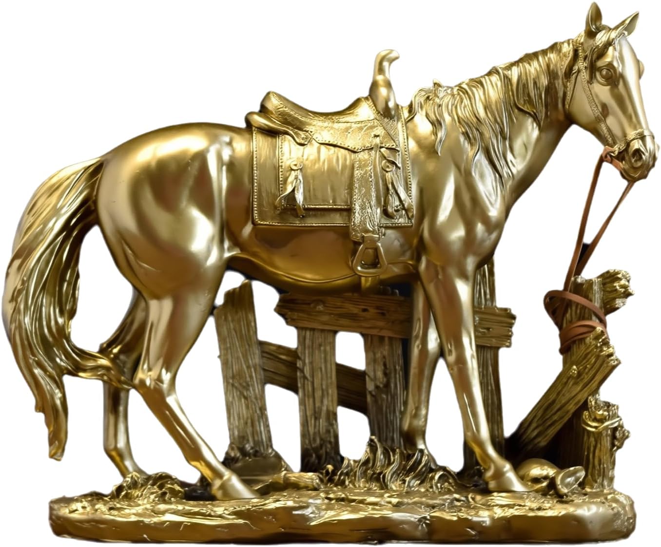 Decorative Horse Statue with Saddle Western Style Office Home Decor Desk Accessories Decoration Collectible Gift 10 x 3.3 x 8.3 Inches (Gold)