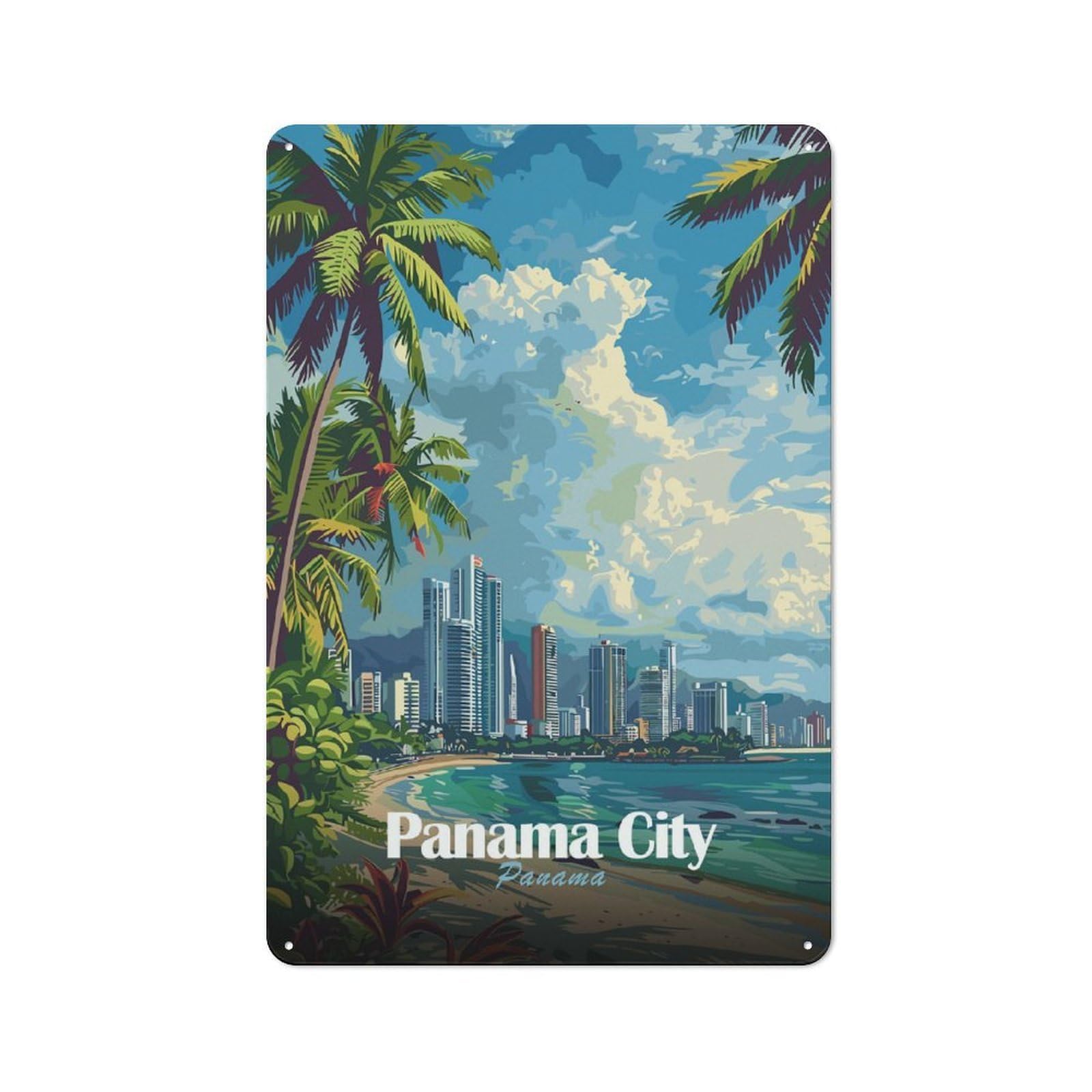 Junmoney Style-15 Classic Panama City Skyline Metal Sign 30X20cm, Classic Pub Decor For Diner, Restaurant, Shed Or Kitchen