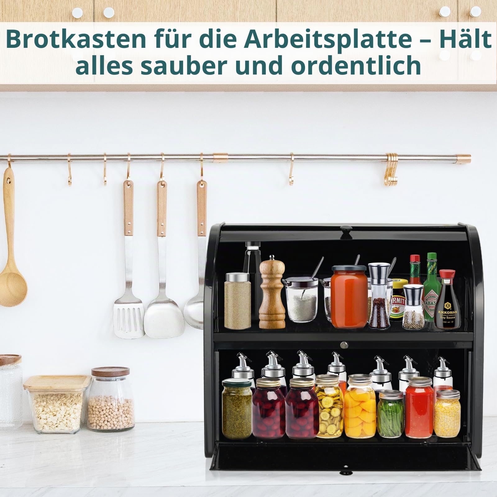 Brotkasten, Brotkasten für Küche, Große Aufbewahrungsbox mit Roll-Top-Deckel, Doppelter Metall-Brotbehälter, Aufbewahrungsbehälter für frische Brote, Kekse, Gebäck 40 x 32 x 24 cm (Schwarz)