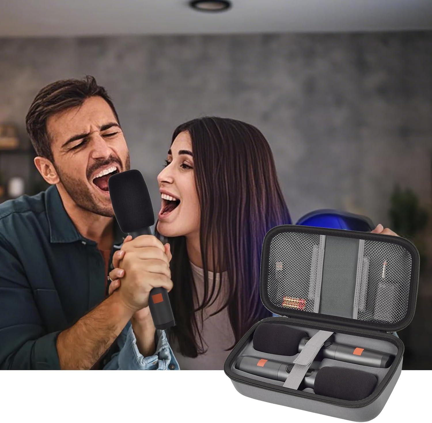 Wireless Microphone Case for JBL PartyBox & Two Mic System, Shockproof Karaoke Microphones Travel Storage Box with Mic Foam Cover, Holds 2 Mics, Receivers, Adapters, AA Batteries - Grey - Image 8