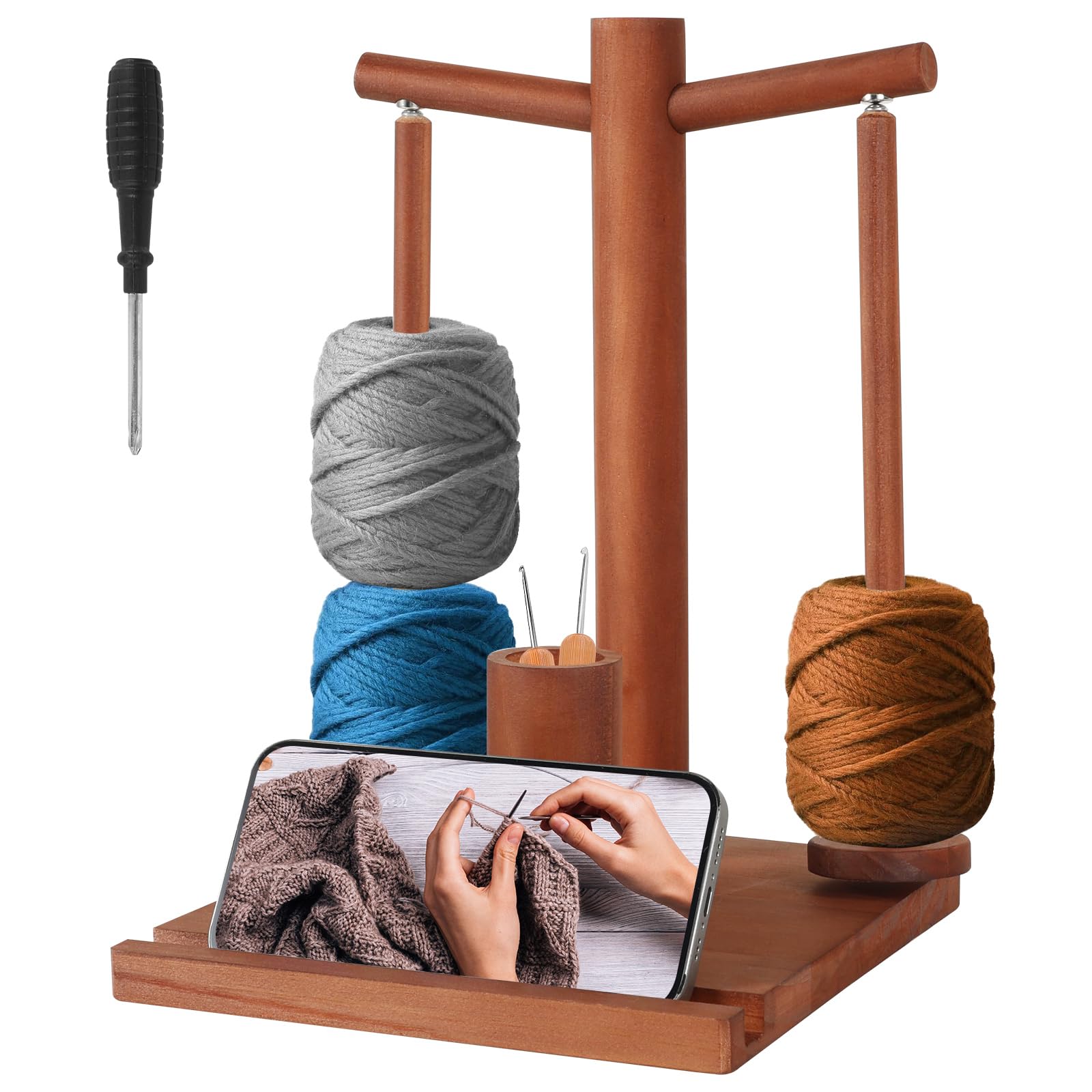 Zhjiutak Brown Yarn Holder Magnetic,Wood Yarns Holder For Crochet & Knitting, Yarn Spinner With Storage And Phone Stand Yarns Ball Stand With 2 Spindles For Crocheting And Knitting