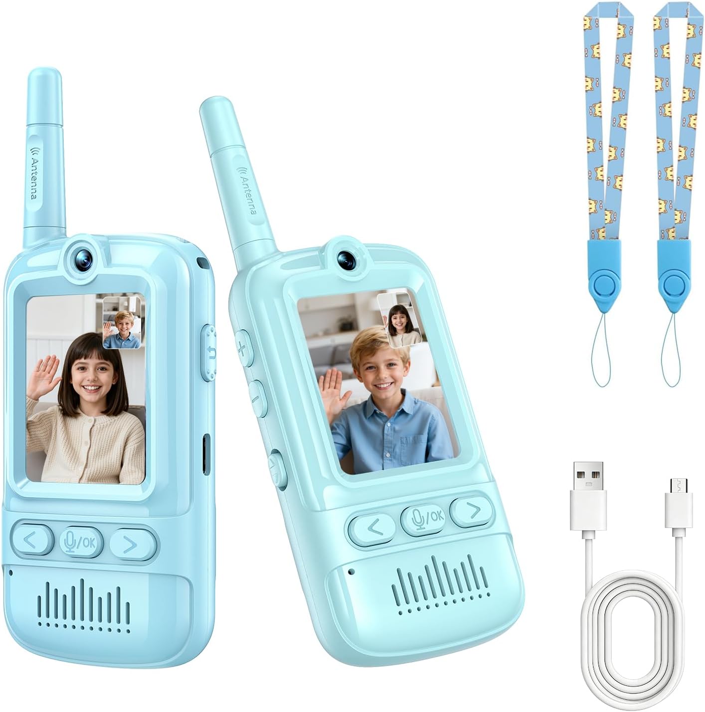 Video Walkie Talkies for Kids Rechargeable Walkie Talkies Long Range with Emoji Chat and Photo Functions Multifunctional Indoor Outdoor Toys for Kids Christmas Birthday Gifts Blue