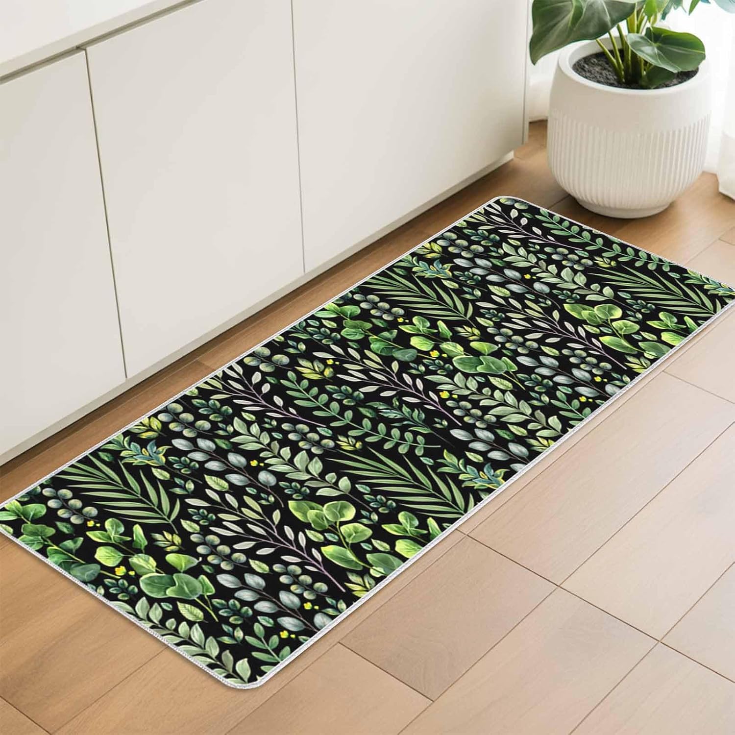 Watercolor Green Leaves on Black Kitchen Rug and Mat,Washable Floor Mats Standing Cushioned Set of 2,Spring Fields Plants Slip-Proof Doormat Runner Rugs for Indoor Bathroom Laundry Sink