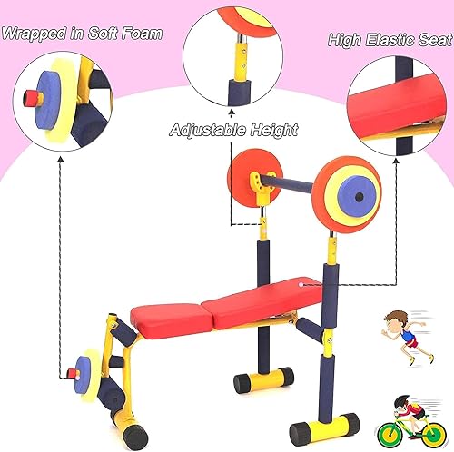 Miniatura 2 de Equipo de ejercicio de fitness para niños, divertido juguete de ejercicio de banco y prensa de piernas, mancuernas de entrenamiento para niños,