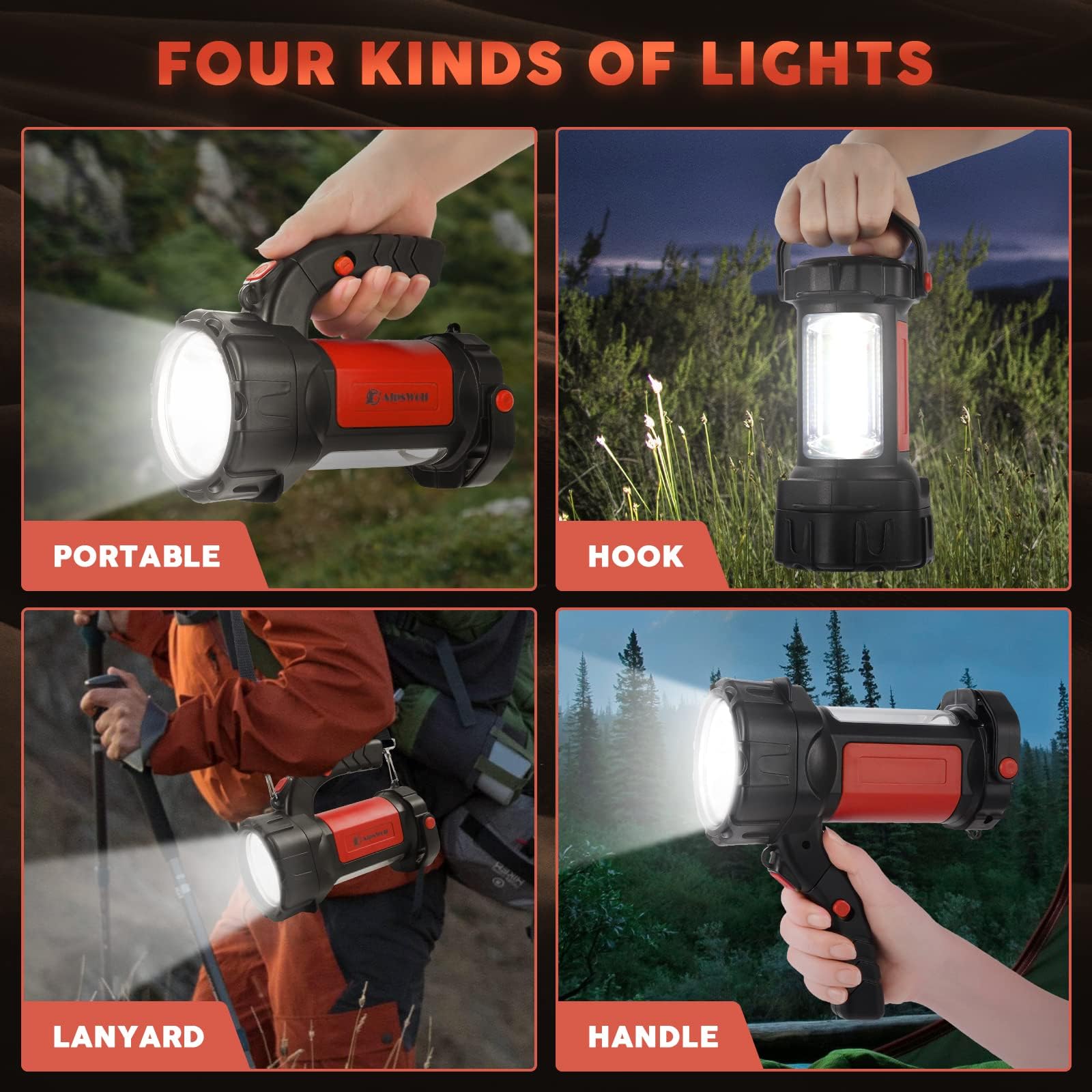 AlpsWolf Linterna de camping recargable, paquete de 2 linternas LED con 800 lúmenes, potencia de 3600 grados, luz roja portátil brillante para senderismo al aire libre, cortes de energía