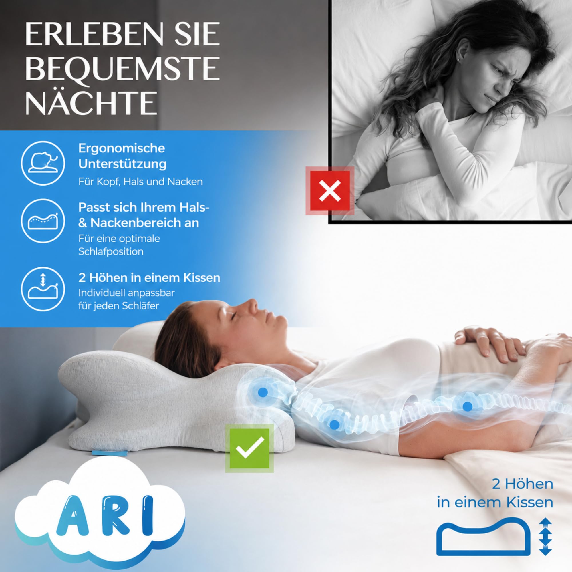ARI Ergonomisches Nackenstützkissen-ergonomisch | Kopfkissen mit Memory-Schaum | Baumwollbezug | für Rücken & Seitenschläfer | inkl. Transporttasche & Ersatzbezug (Weiss) (Grau)