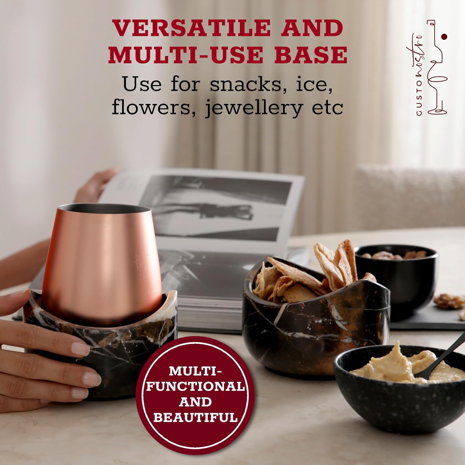 Gusto Nostro Marble Wine Chiller for Glass and Stainless Steel Tumbler Set of 2 - Wine Glass Chiller Holder for Freezer - Cool Set Chillers & Stemless Wine Metal Tumblers for Home,Bar (RoseGold Black)