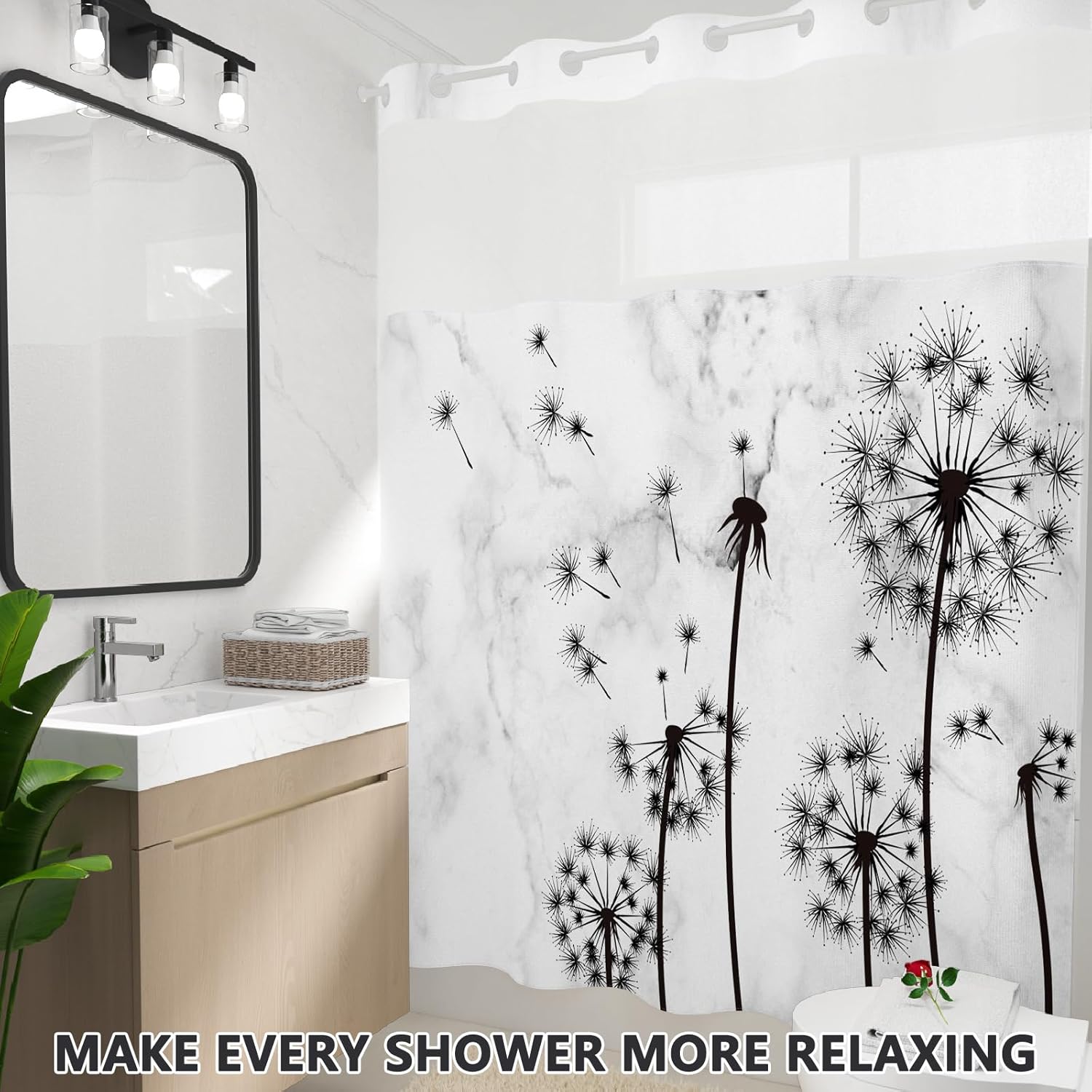 No Hook Bathroom Shower Curtain with Snap in Liner, Black and White Shower Curtain with See Through Window, Artistic Wandering Dandelion Pattern Waterproof Shower Curtains for Bathroom, 71x74 Inches