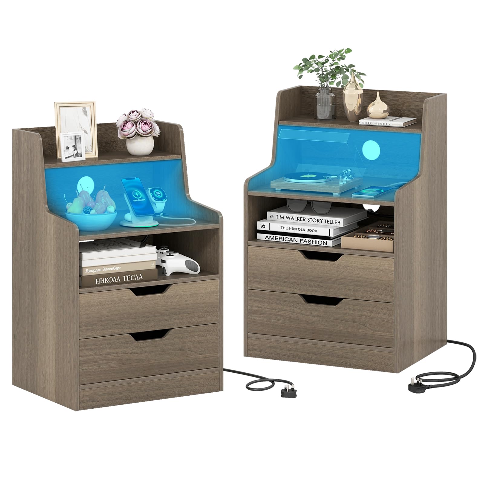 COSTWAY LED Bedside Table with Charging Station, Smart Nightstand End Sofa Side Table with RGB Light Color, 2 Drawers & Storage Shelves, Bedside Cabinet Chest for Living Room Bedroom (2, Grey)