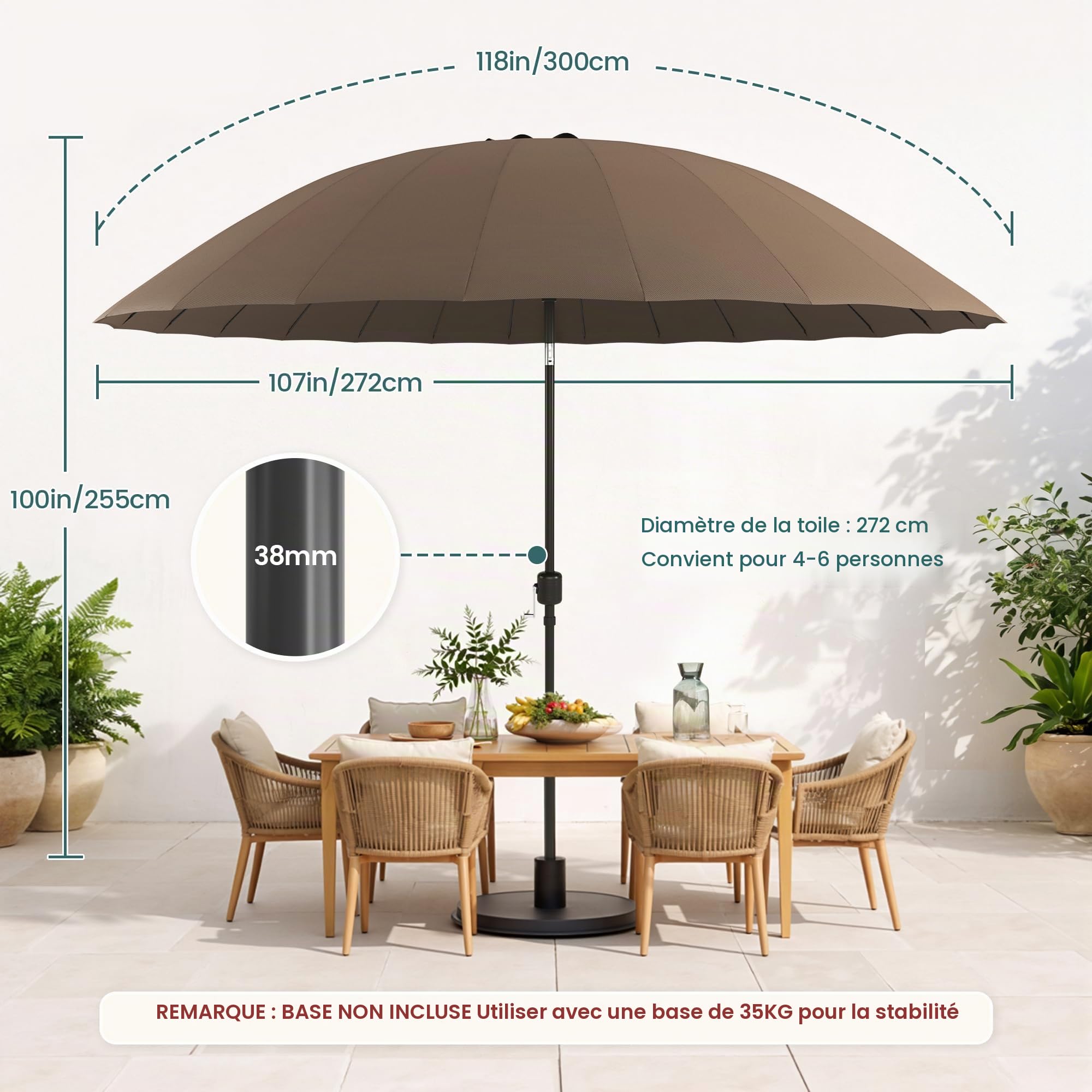 Pamapic Parasol de jardin, parasol de terrasse de 3 m avec manivelle pour ouvrir et fermer la protection UV, 24 baleines robustes
