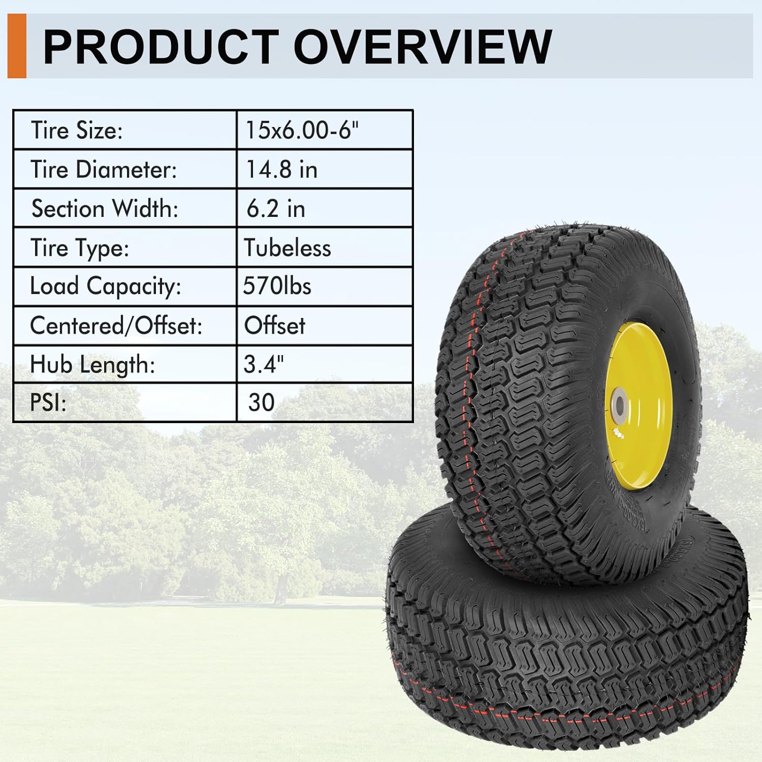 2 Pack 15x6.00-6 Tubeless Lawn Mower Tire and Wheel Assembly, Front Tires Fits John Deere Riding Mowers 100 & 300 Series, 3" Offset Hub, 3/4", 5/8" & 1/2" Bushings