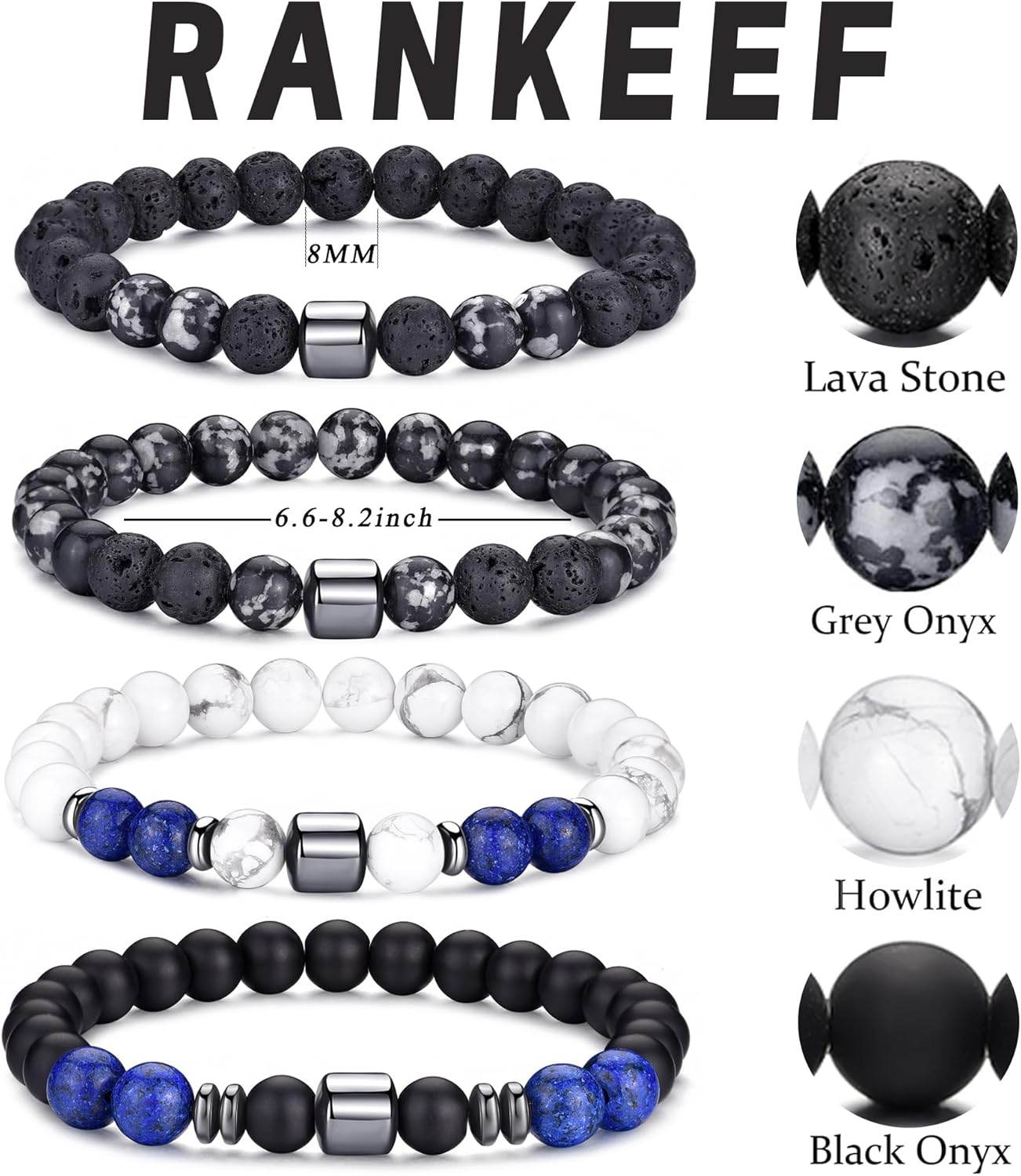 RANKEEF Mens Beaded Bracelets Set 8MM Tiger Eye Lava Stone Stretch Natural Stone Men's Bead Bracelet Mens Bracelet - Image 3