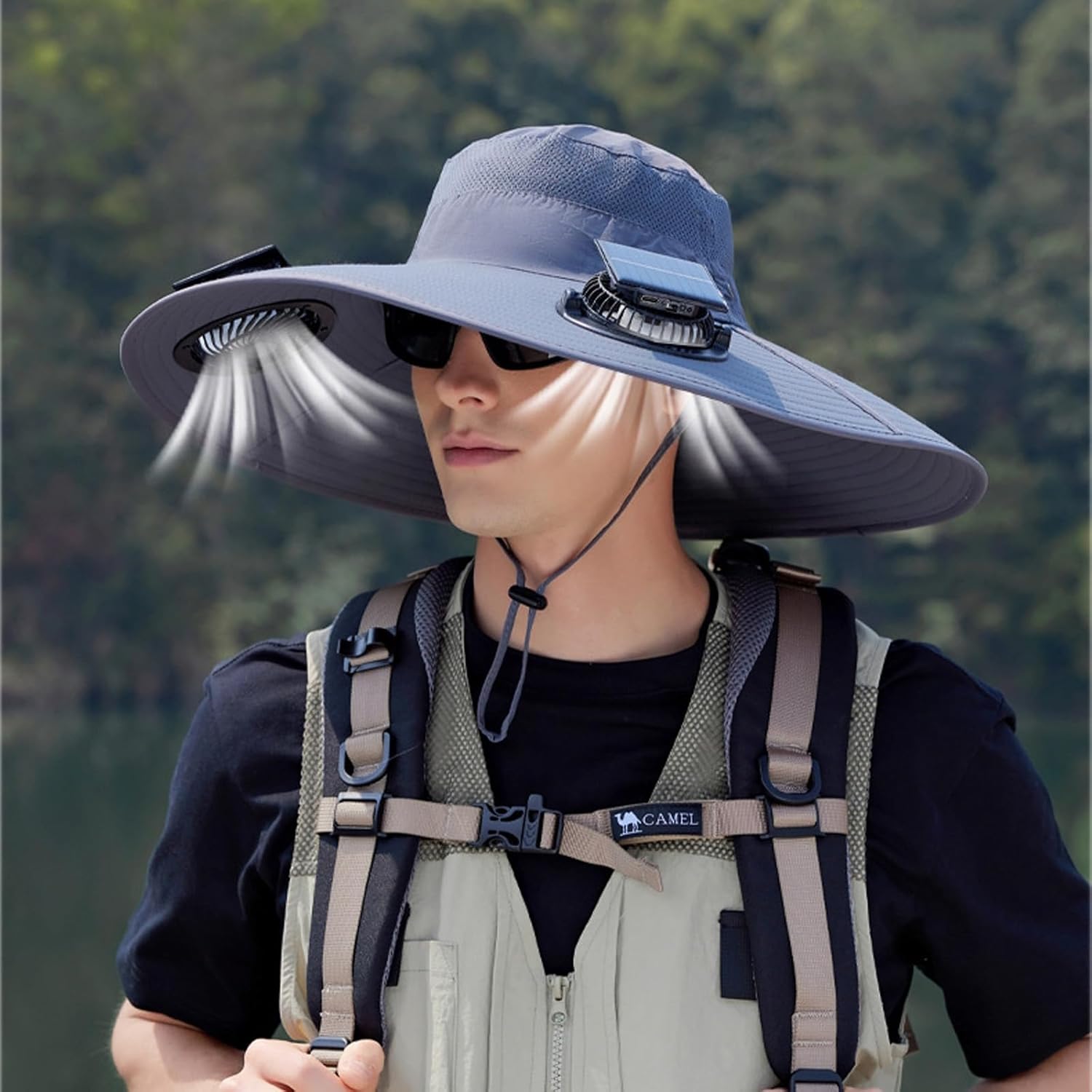 Solar Fan Hat 2 Fans, Outdoor Wide Brim Fishing Hat with Fan, Solar Cooling Bucket Fisherman Hats, Quick Dry Sun Cap with Fan