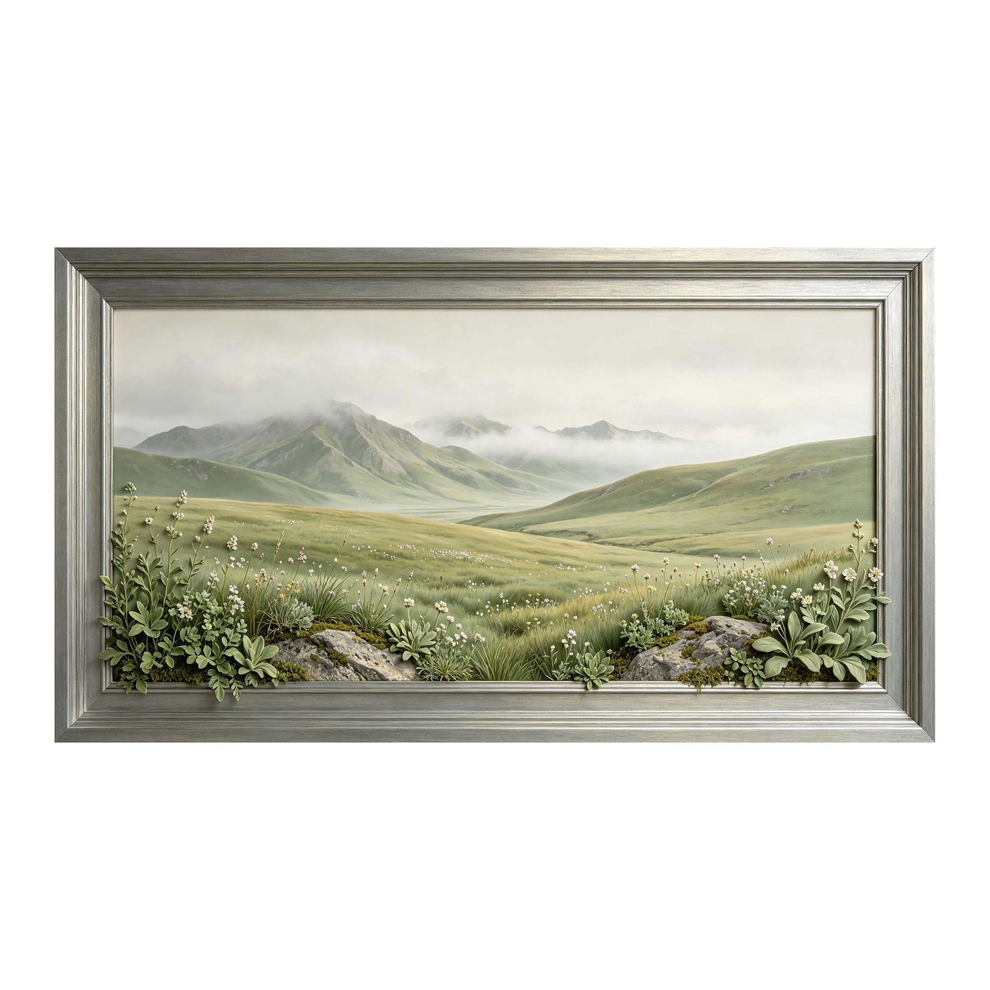 Yzpallescene 3D Framed Wall Art 50cm×100cm Misty Mountain Meadow Botanical Impressionist Large Size SelfAdhesive Removable Wall Decor Prints Artwork for Living Room Bedroom Office