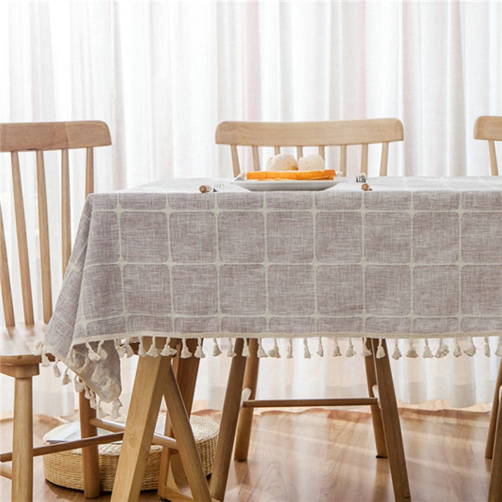 Mantel Antimanchas Mesa Rectangular Verano Estilo Simple Cuadros. Manteles Impermeables Terraza Gris Algodón Protección De Decoración 140X250Cm