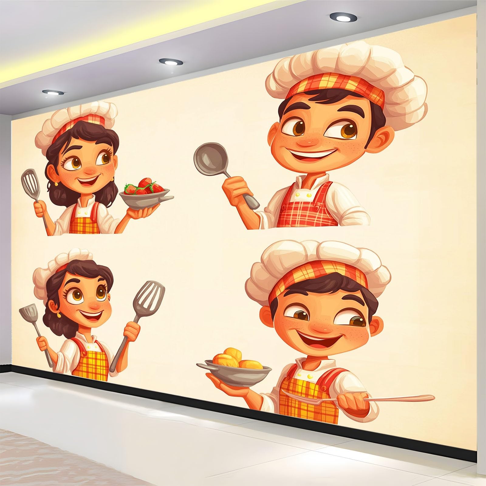 Générique Panoramiczna tapeta 3D, 400 x 280 cm, kreskówkowy szef kuchni, tapeta z włókniny, duży plakat ścienny do salonu, dekoracji pokoju dziecięcego, łatwy w montażu, beżowy