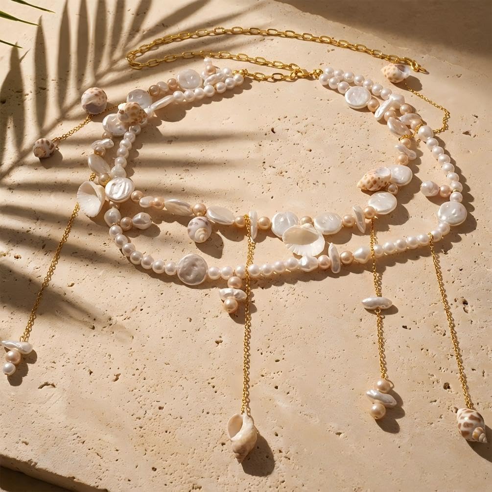 Doble Layered Baroque Pearl Beaded Waist Chain Belts, Trendy Shell Conch Tassel Pendant Belt for Women Ocean Coquette Hawaii Beach Bikini Jewelry Gift
