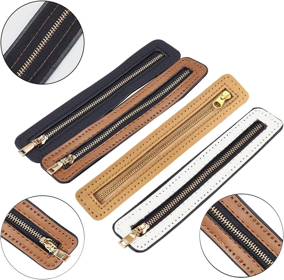 WADORN 4 Colors PU Leather Zipper, 7 Inch Woven Bag Metal Zipper Metal Zippers Bulk Close End with PU Leather Frame for DIY Crochet Purse Sewing Jeans Handicraft Accessories