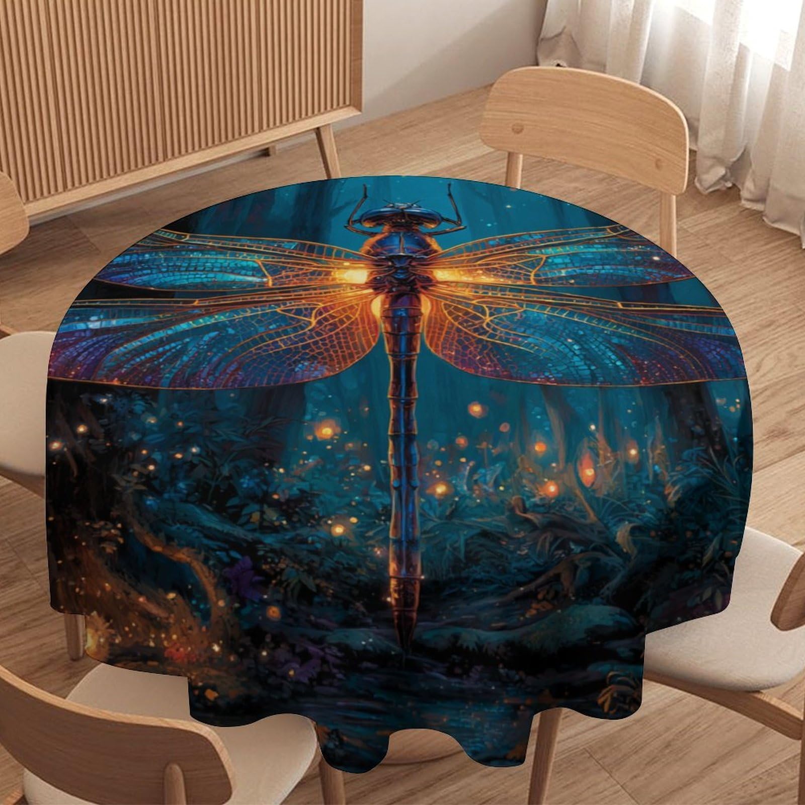 LUYYSKY Beautiful Fantasy Glitter Dragonfly Round Tablecloth Colorful Watercolor Forest Night Animal Dragonflies Pattern Washable Decor for Table Cover for Kitchen-152.4" Wx152.4 L cm