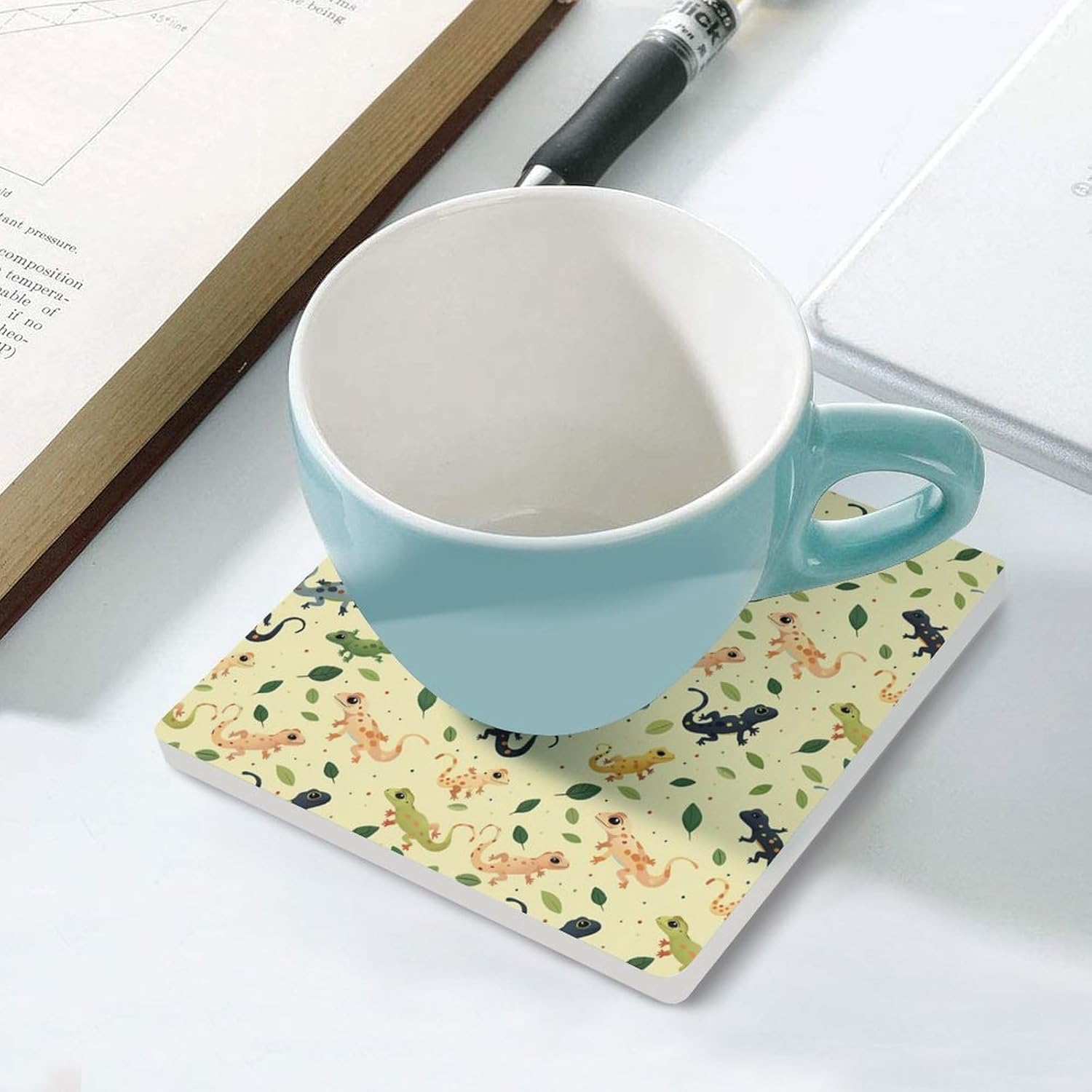 Spring Geckos Coaster for Drinks Square Ceramic Table Coasters Stone Mat Crafts 4PCS Home Kitchen Decor