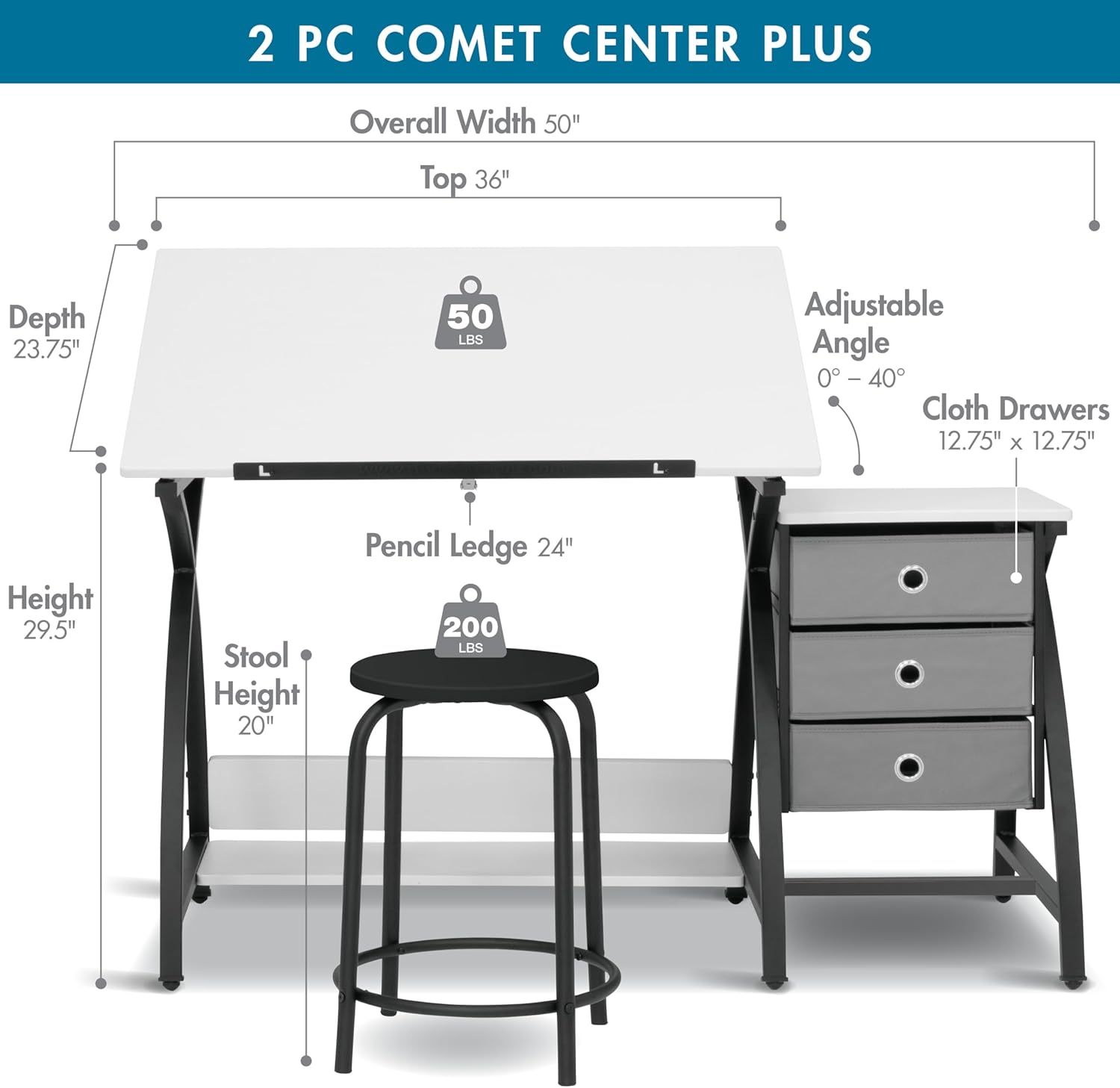 40'' Black & White Adjustable Craft Table with Storage & Padded Stool