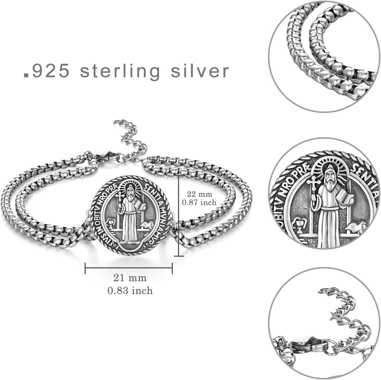 St Benedict Medal Bracelet for Men & Women - 925 Sterling Silver San Benito Catholic Medal - Religious Bracelet Gifts for Baptism, Confirmation (Exorcism Protection)