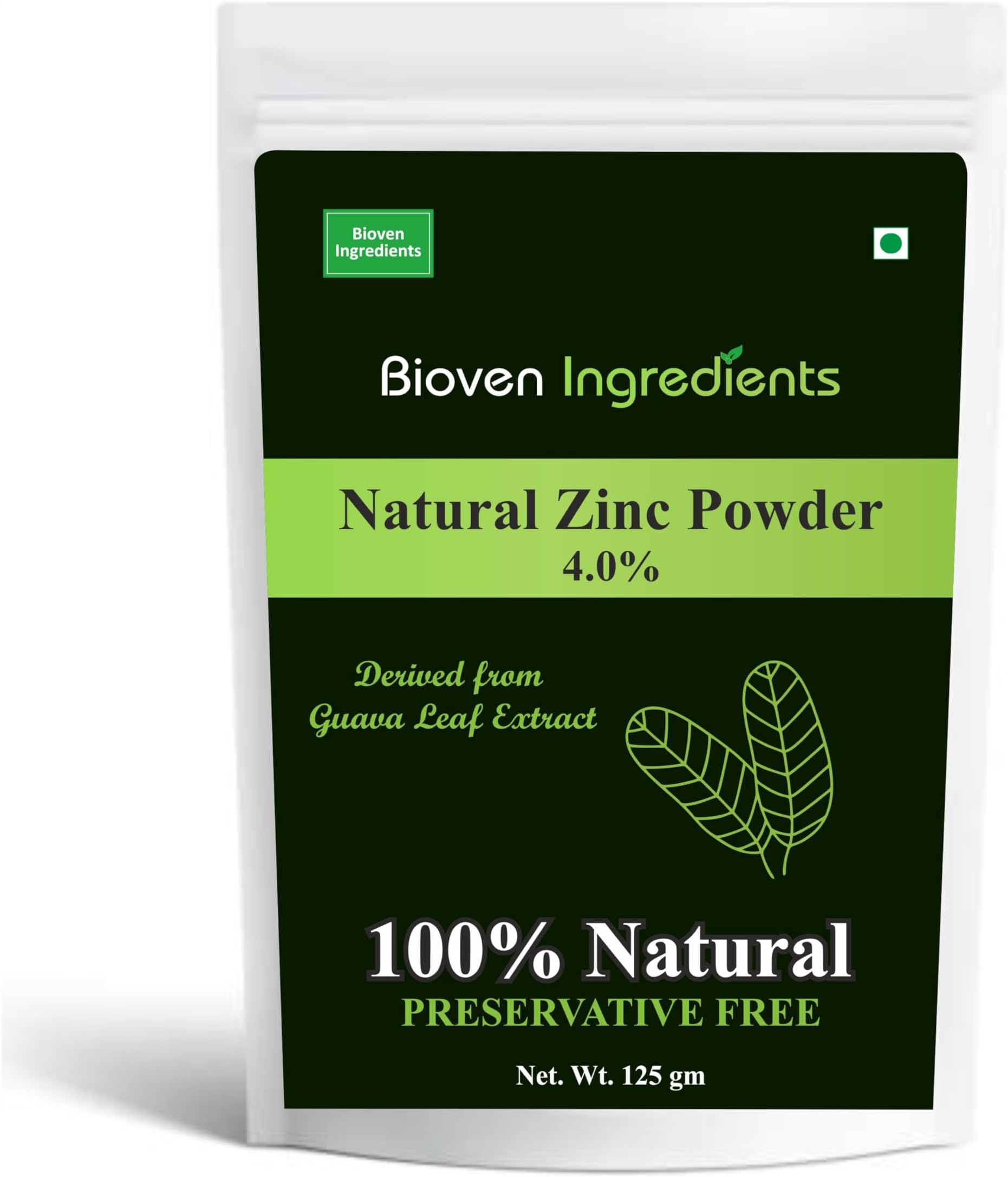 Natural Zinc Powder, Derived from 100% Natural & Organic Guava Leaf Extract by Bioven Ingredients, Non-GMO Supplement, No Preservatives, Sugar, Gluten or Dairy Free Powder