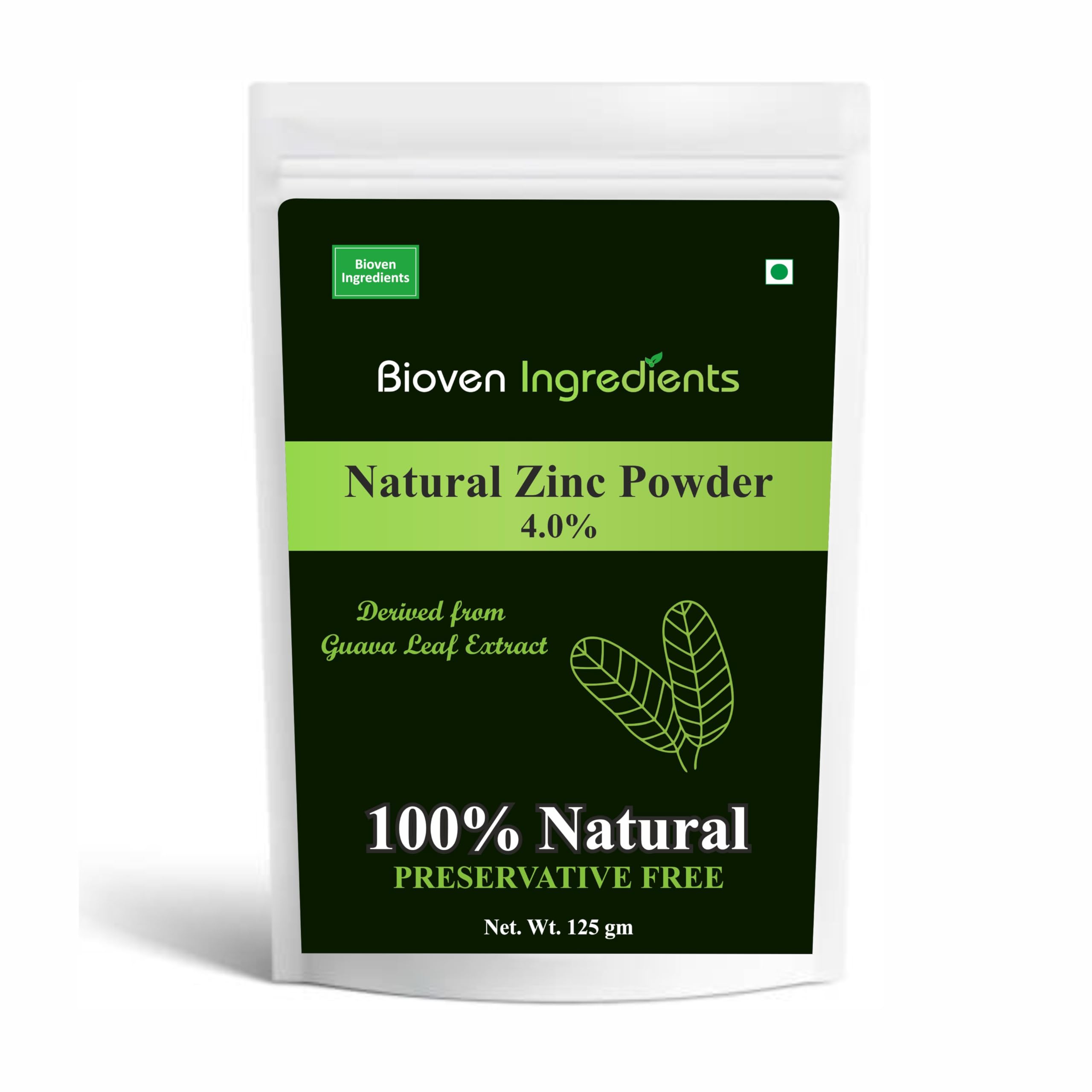 Natural Zinc Powder, Derived from 100% Natural & Organic Guava Leaf Extract by Bioven Ingredients, Non-GMO Supplement, No Preservatives, Sugar, Gluten or Dairy Free Powder