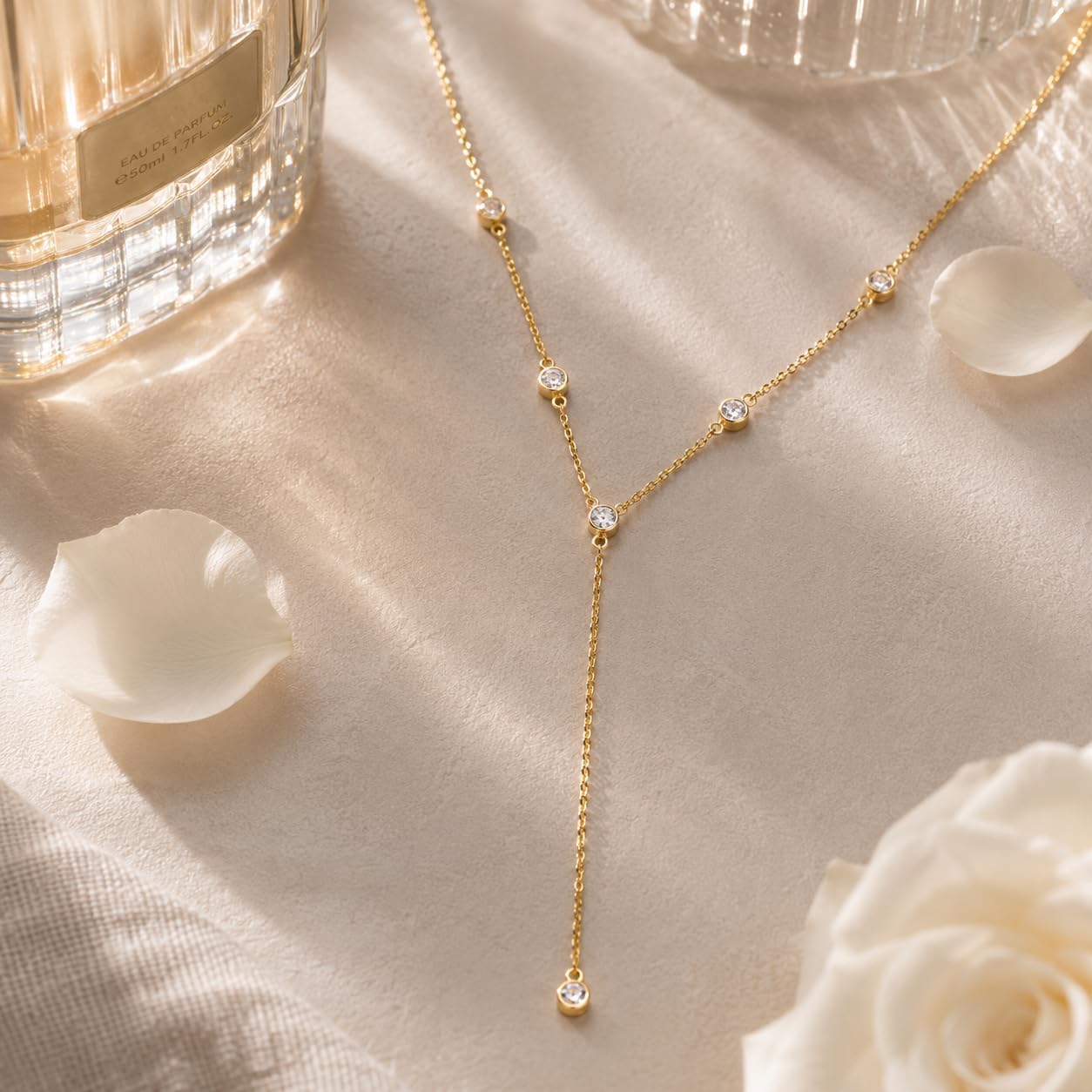 Lariat Gold Necklace for Women, 14K Gold Plated Dainty Drop Y Necklace, Waterproof Non Tarnish Long Layered Beaded Chain Lariat Necklace Prom Jewelry Summer Vacation Gift for Her