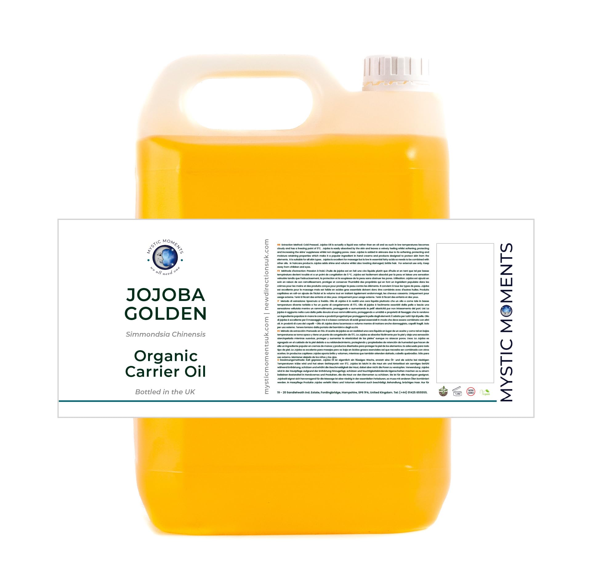 Mystic Moments | Bio-Jojoba-Trägeröl | 5 Liter | Bio-Jojoba-Öl für Hautpflege, Haarpflege, Massage und kosmetische Mischungen.